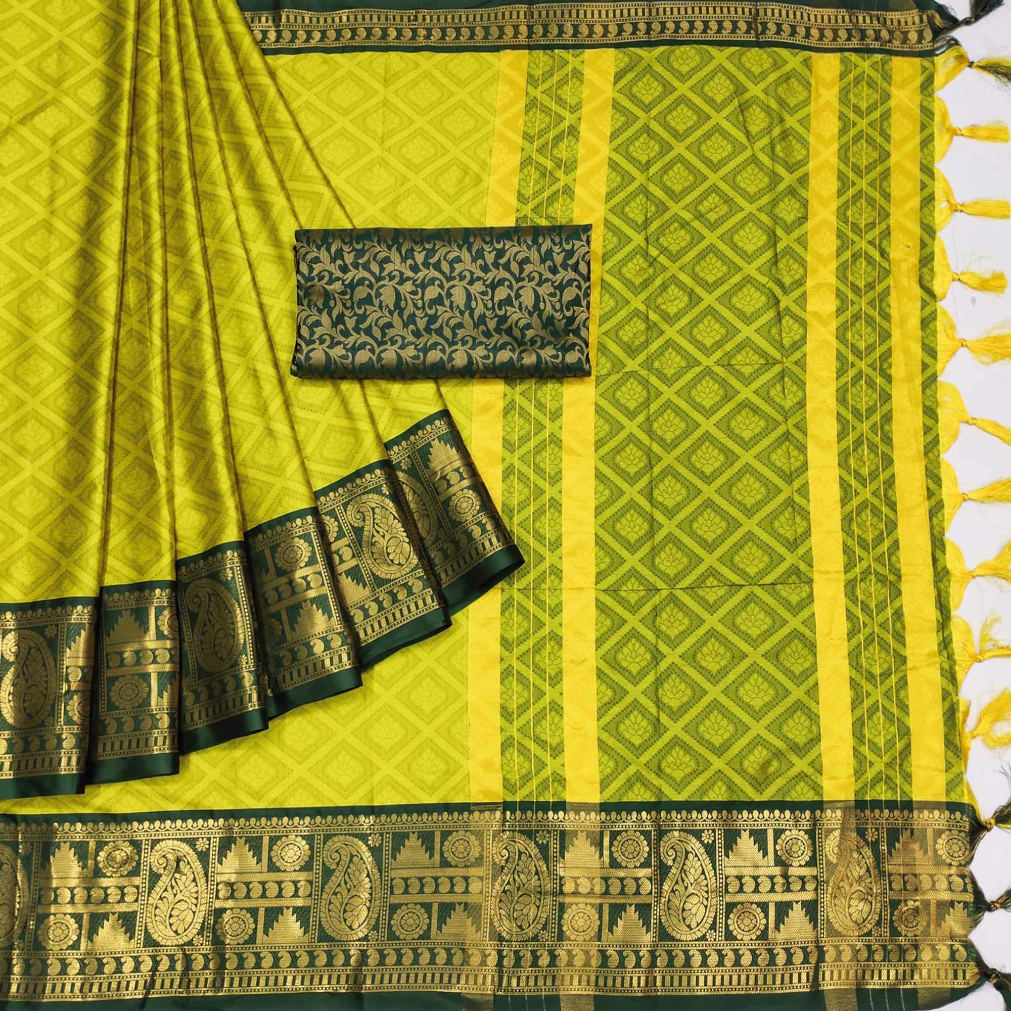 Yellow Woven Cotton Silk Saree With Tassels