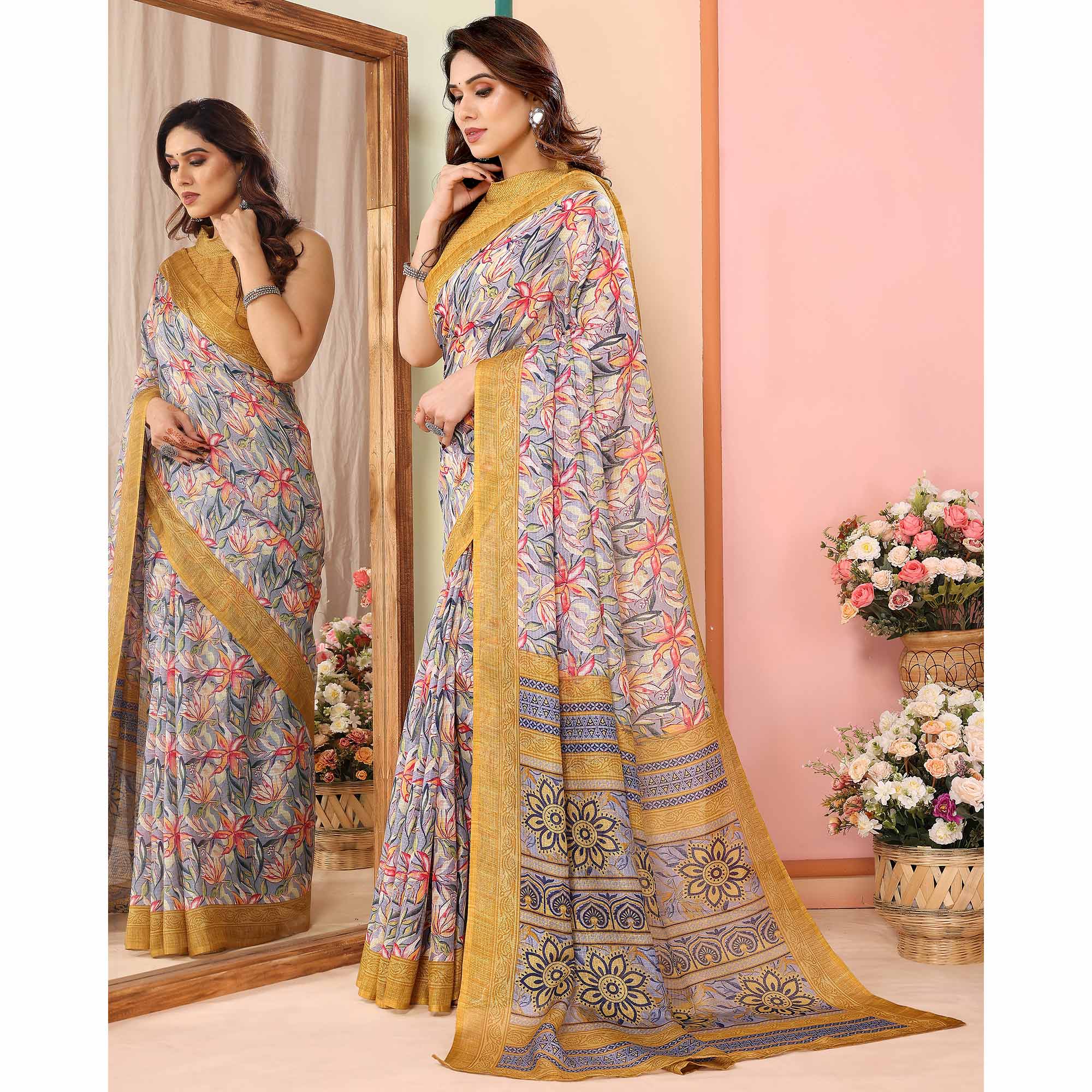 Grey & Mustard Floral Printed Kota Doria Saree