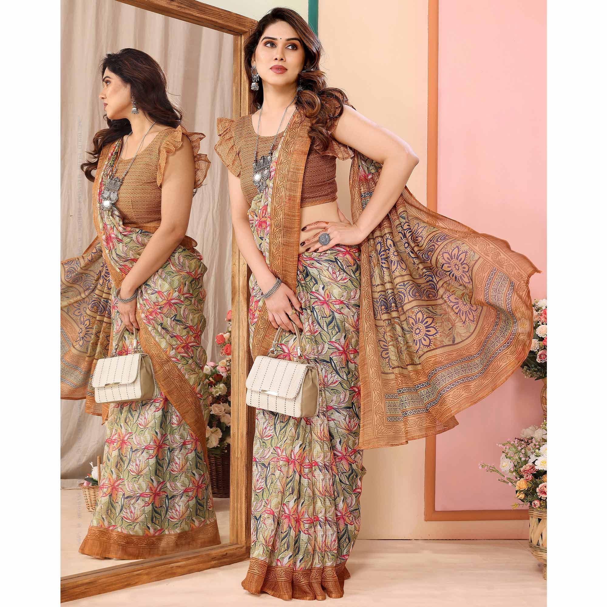 Green & Brown Floral Printed Kota Doria Saree