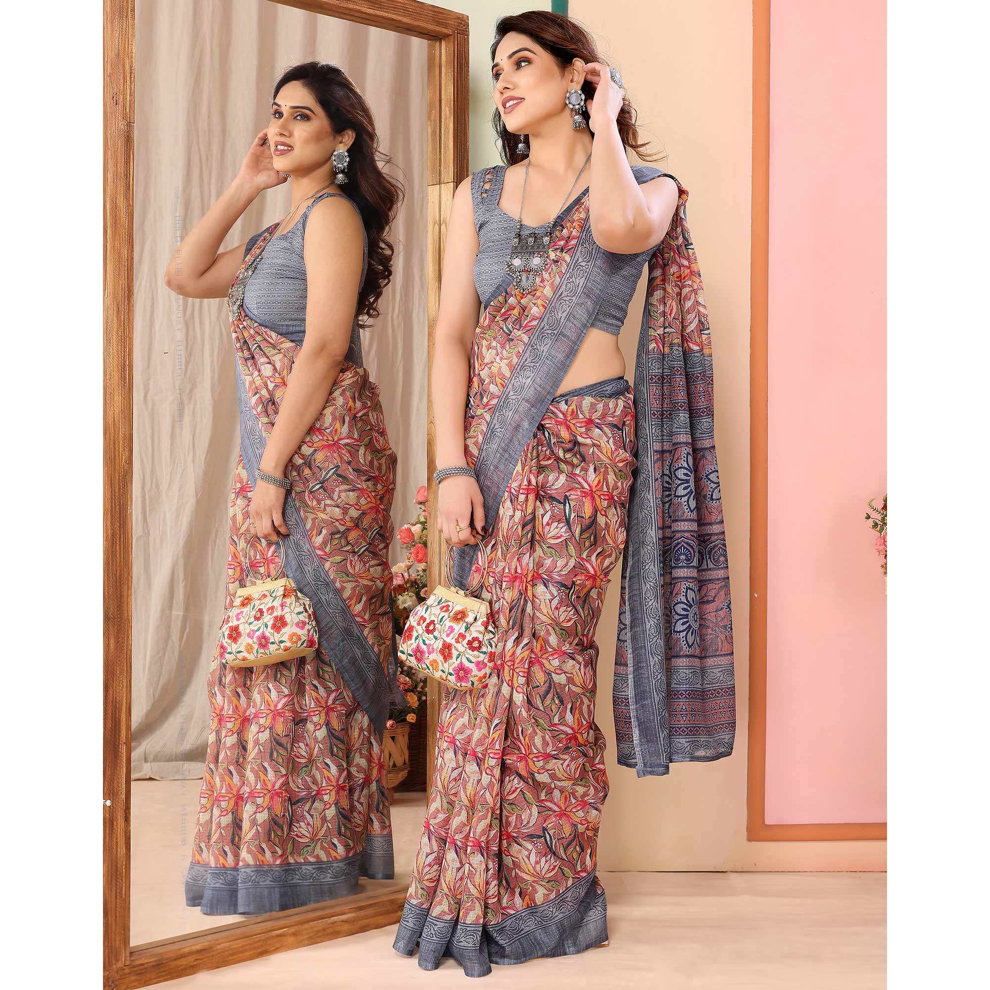 Mauve & Grey Floral Printed Kota Doria Saree