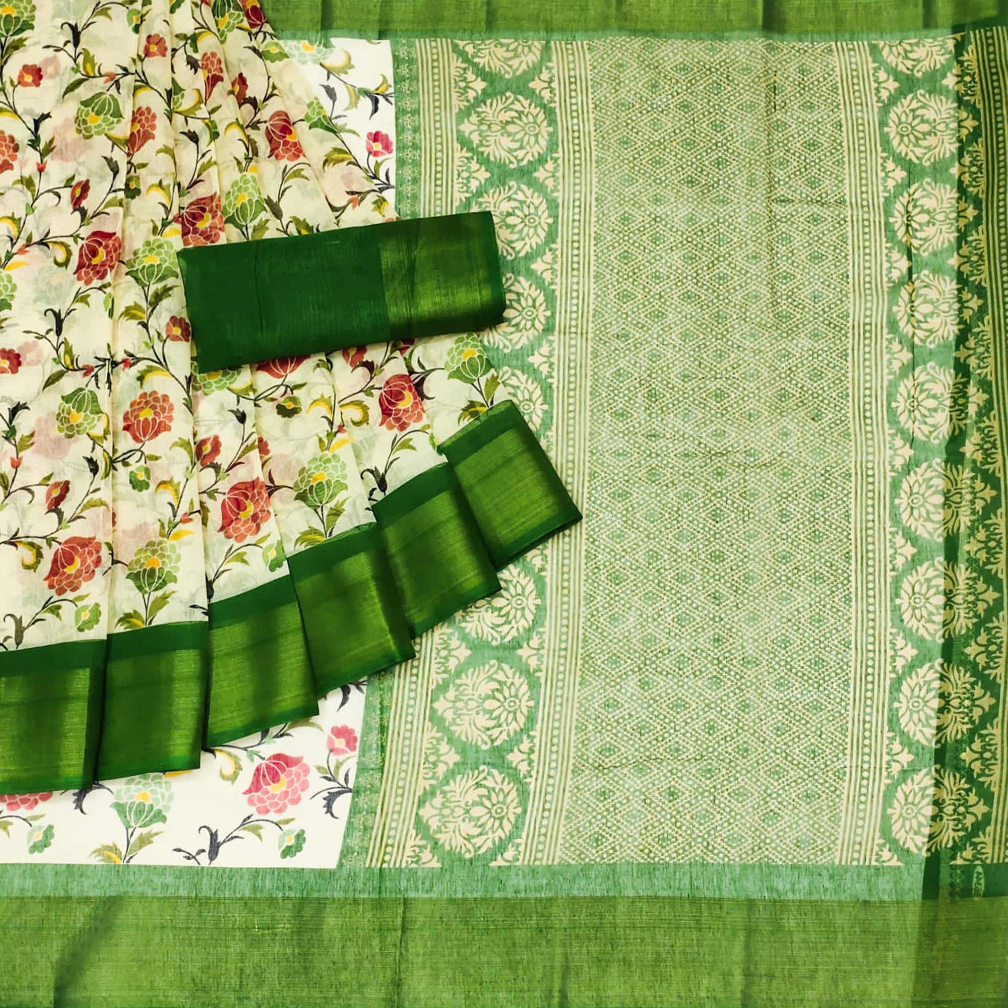 White & Green Floral Printed Cotton Blend Saree
