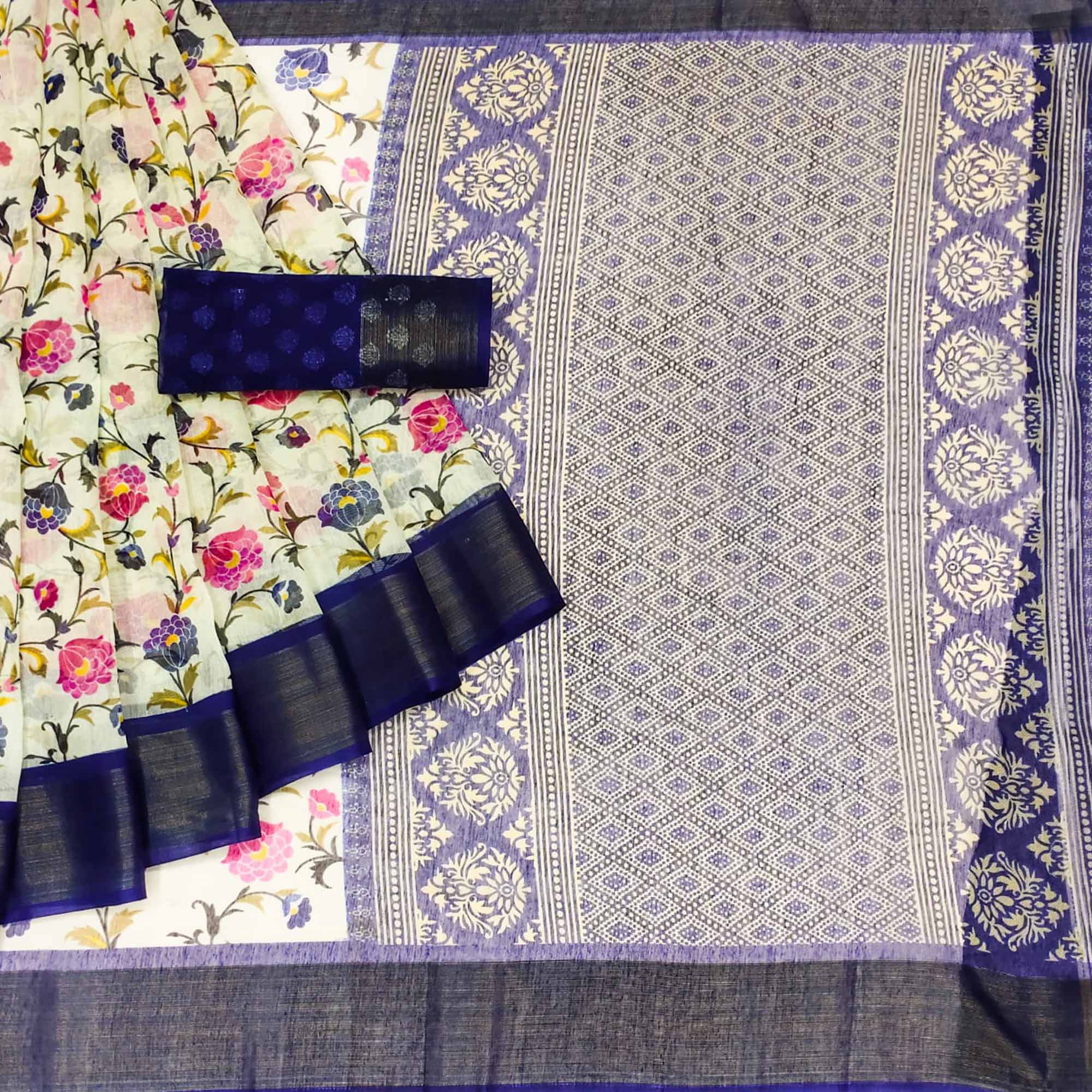 White & Navy Blue Floral Printed Cotton Blend Saree