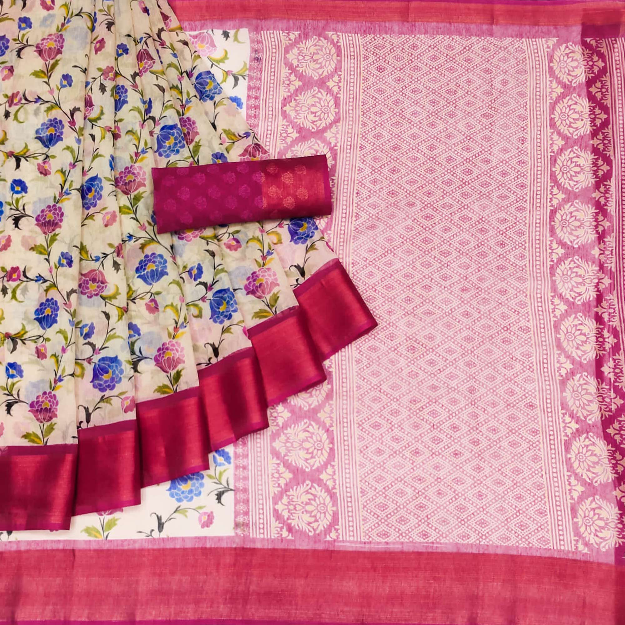 White & Pink Floral Printed Cotton Blend Saree