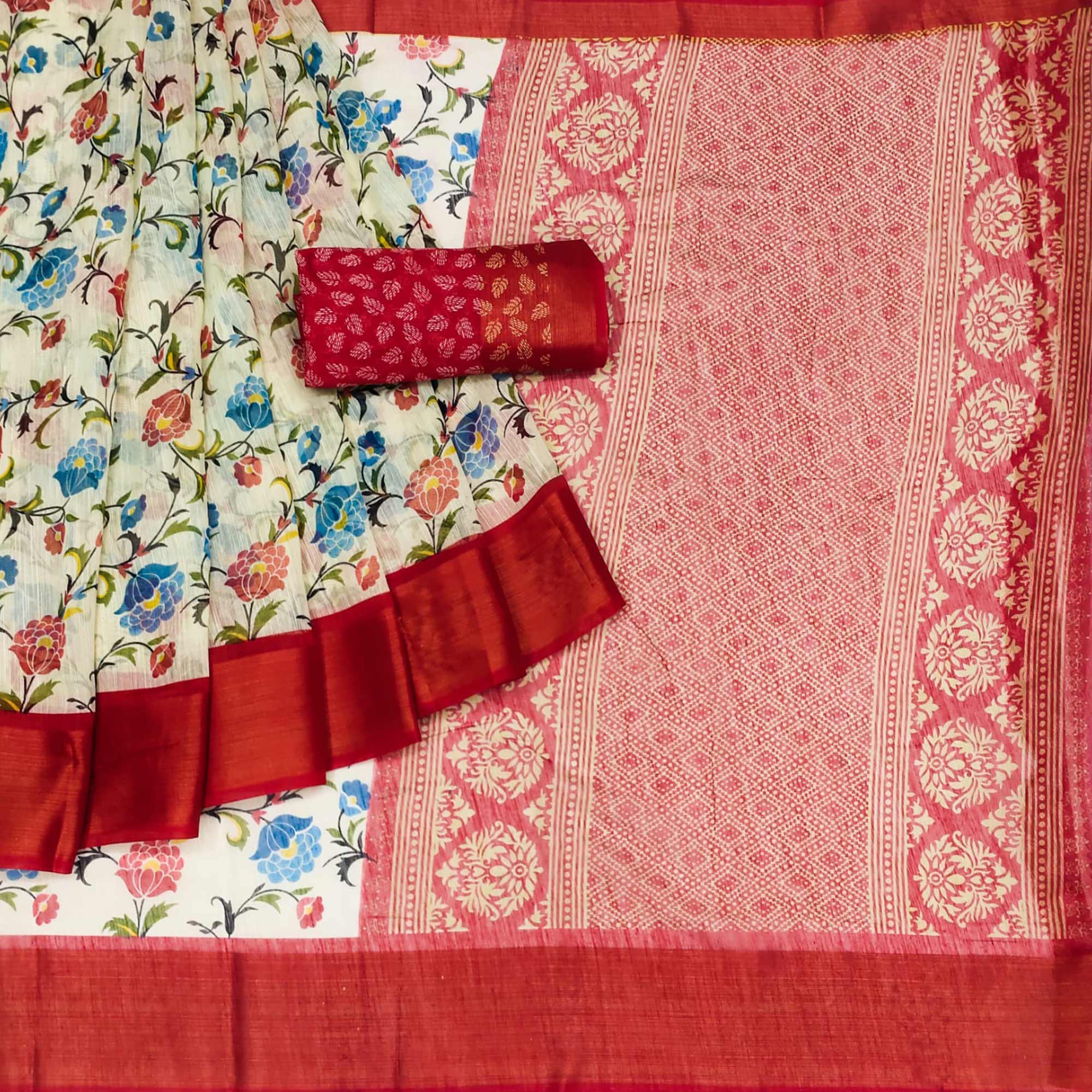 White & Red Floral Printed Cotton Blend Saree