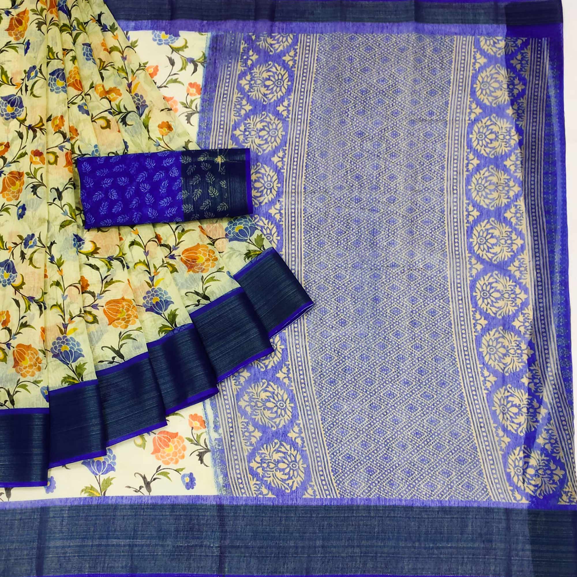 White & Royal Blue Floral Printed Cotton Blend Saree