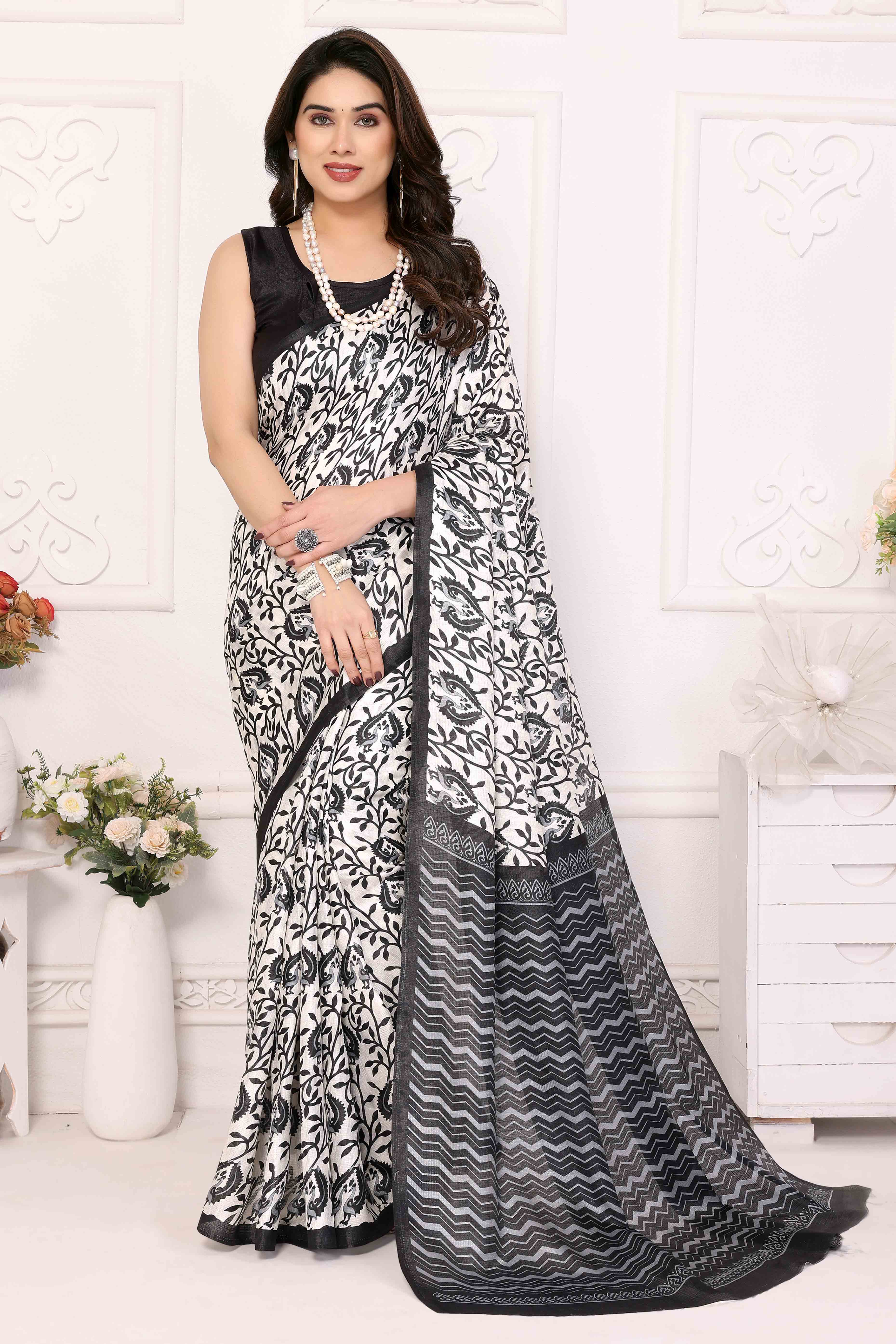 Black Floral Printed Khaadi Saree