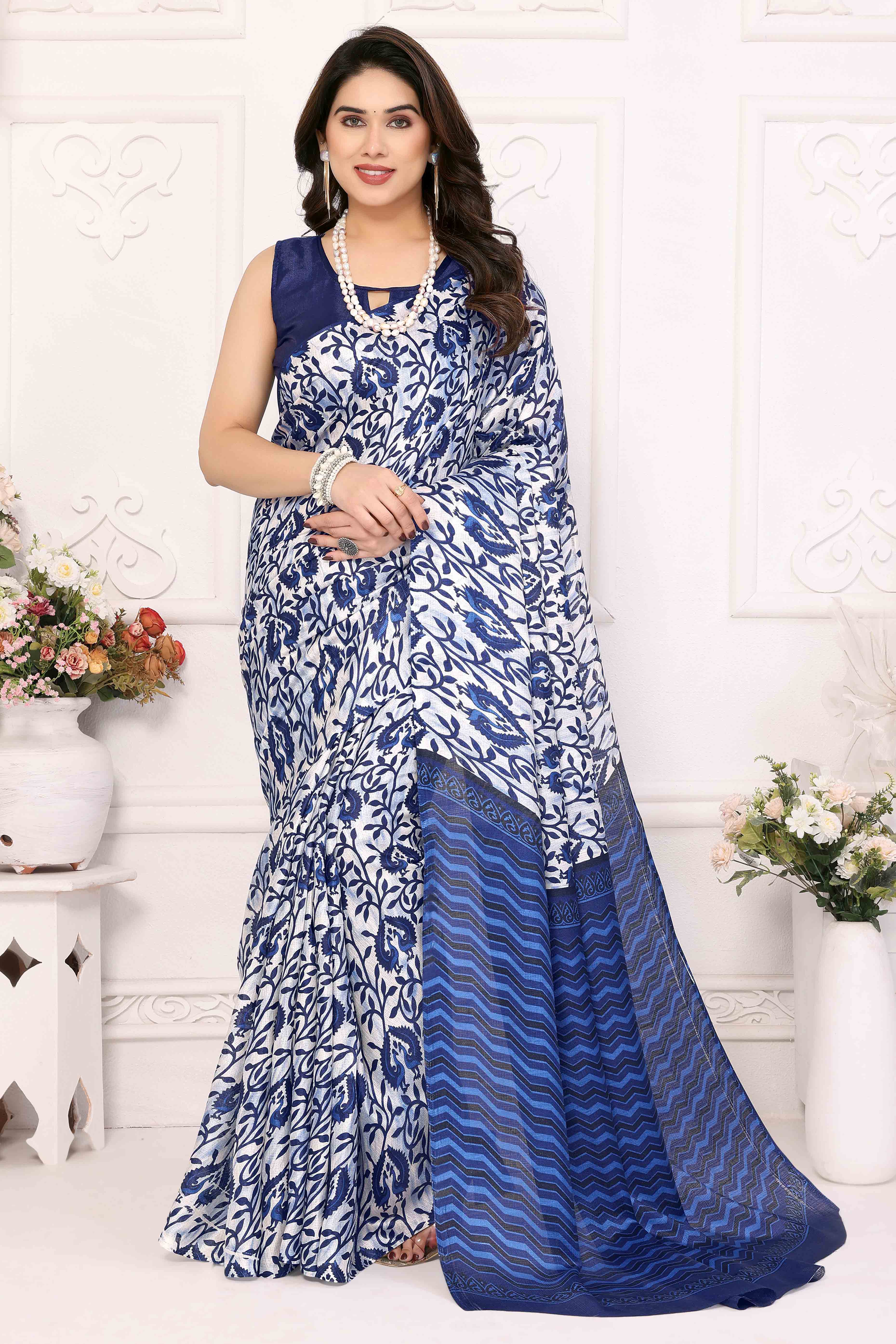 Blue Floral Printed Khaadi Saree