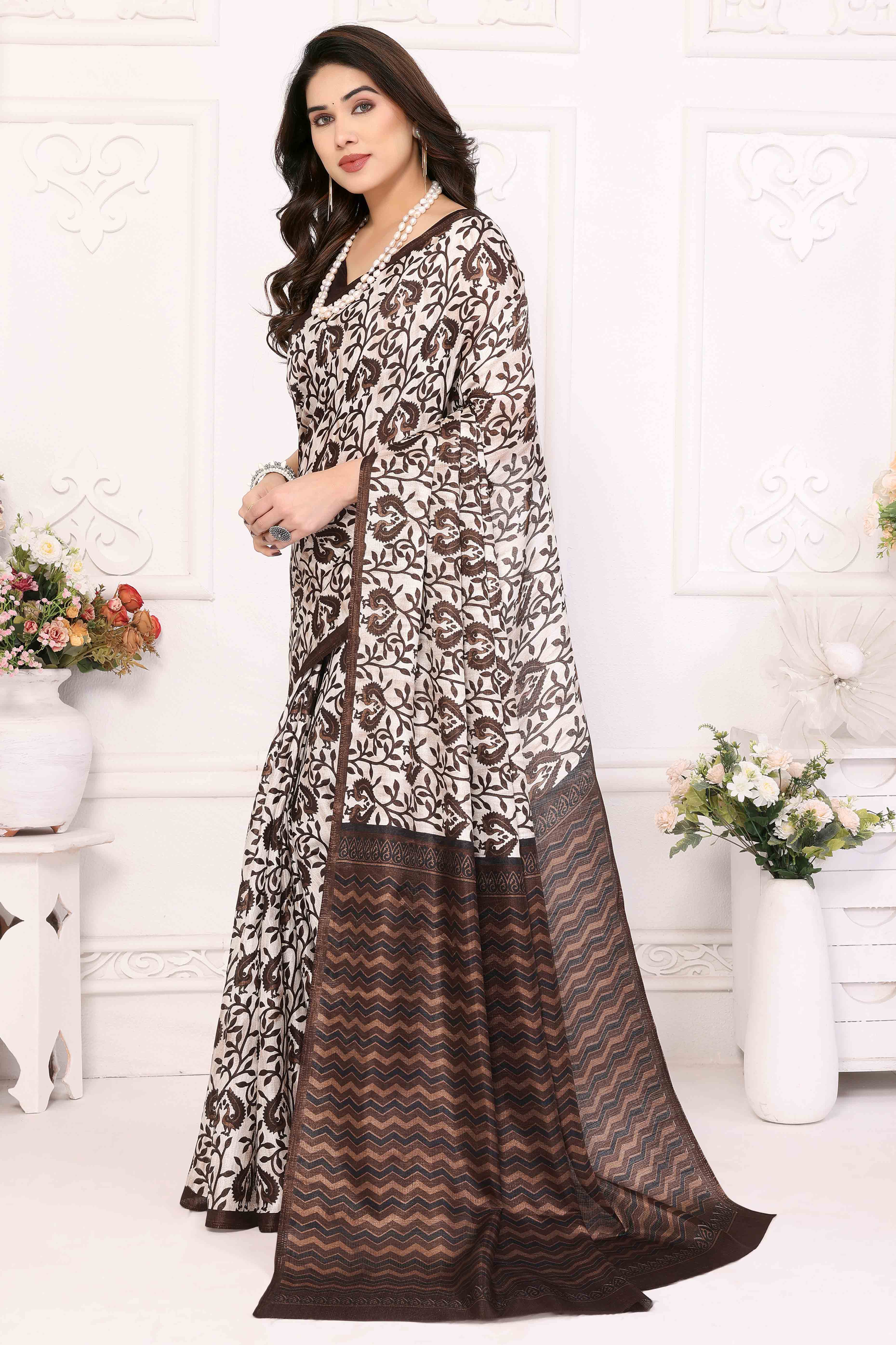 Brown Floral Printed Khaadi Saree