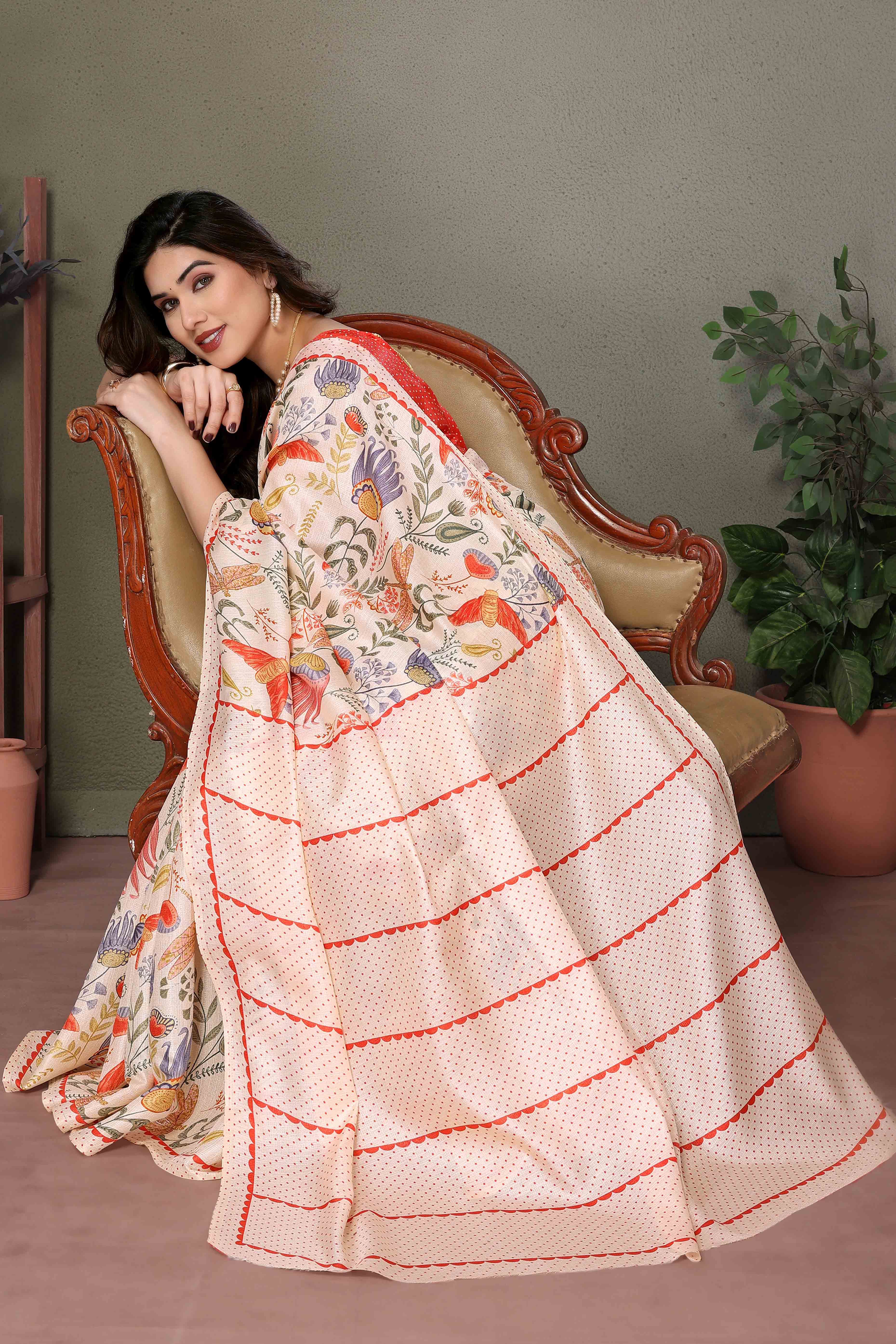 Cream Floral Printed Khaadi Saree