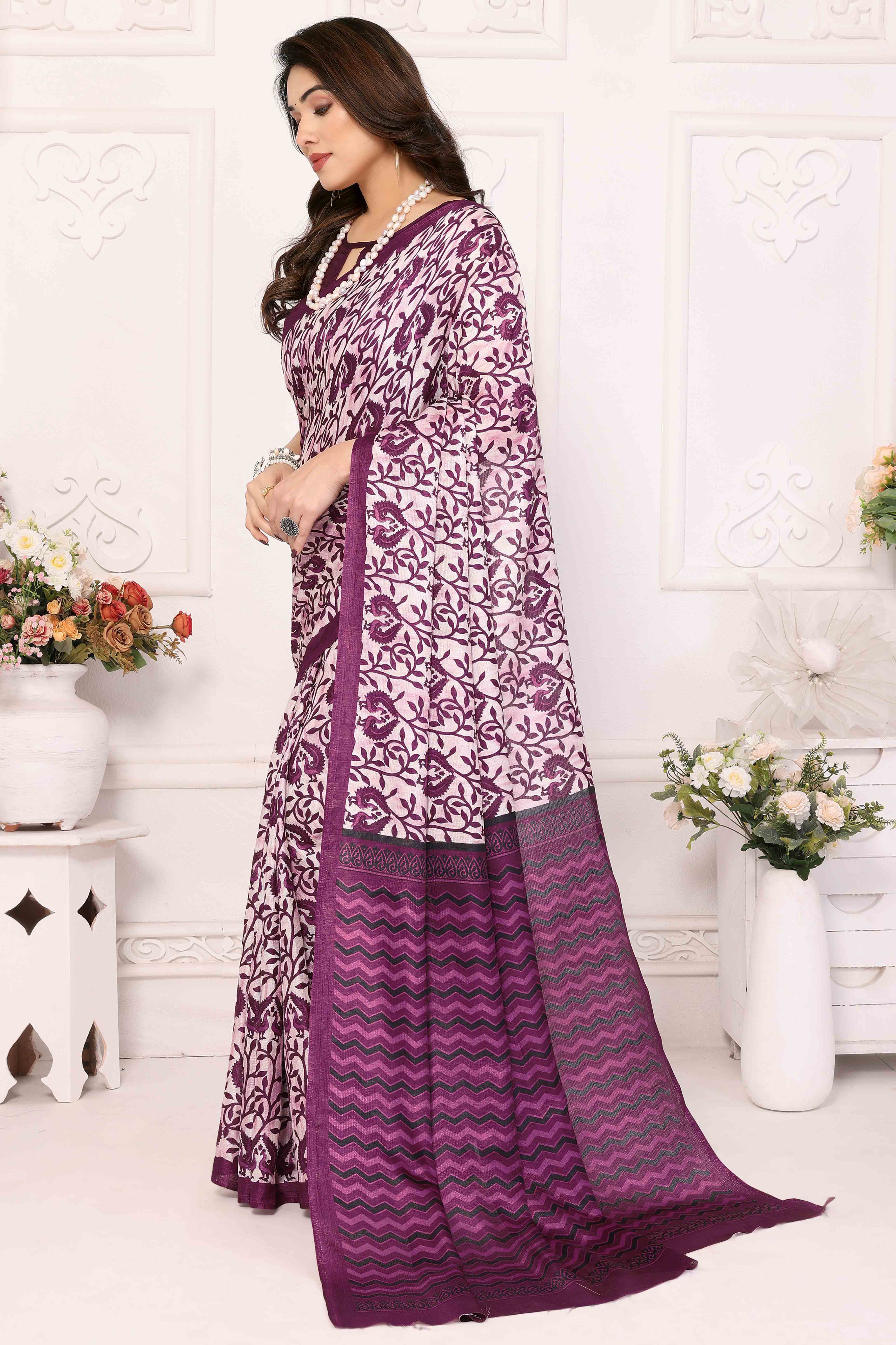 Purple Floral Printed Khaadi Saree