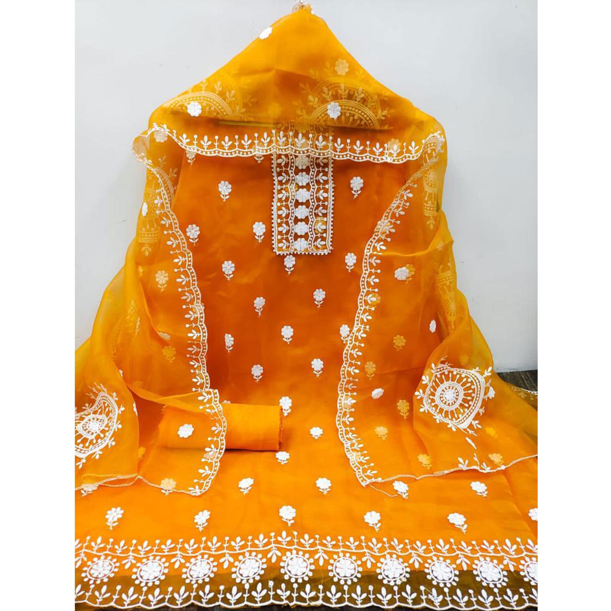 Bright Orange Floral Embroidered Organza Dress Material