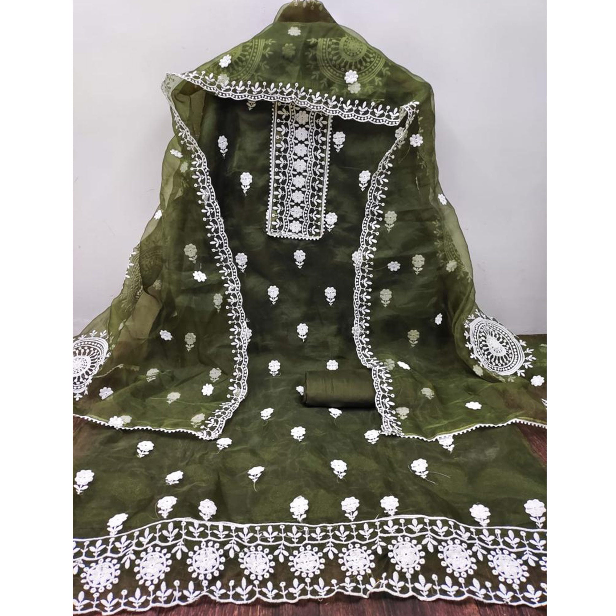 Mehendi Green Floral Embroidered Organza Dress Material