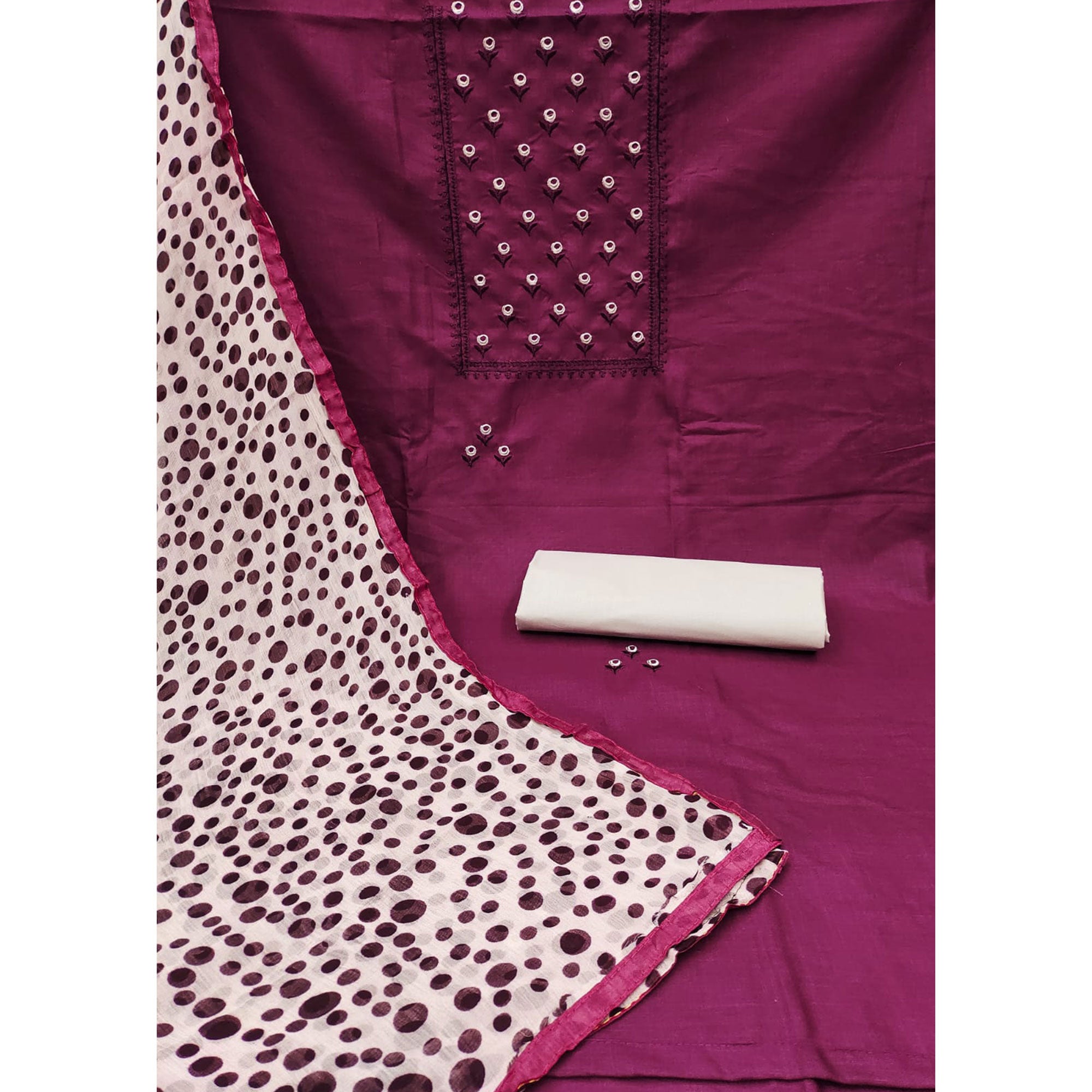 Wine Floral Embroidered Cotton Blend Dress Material