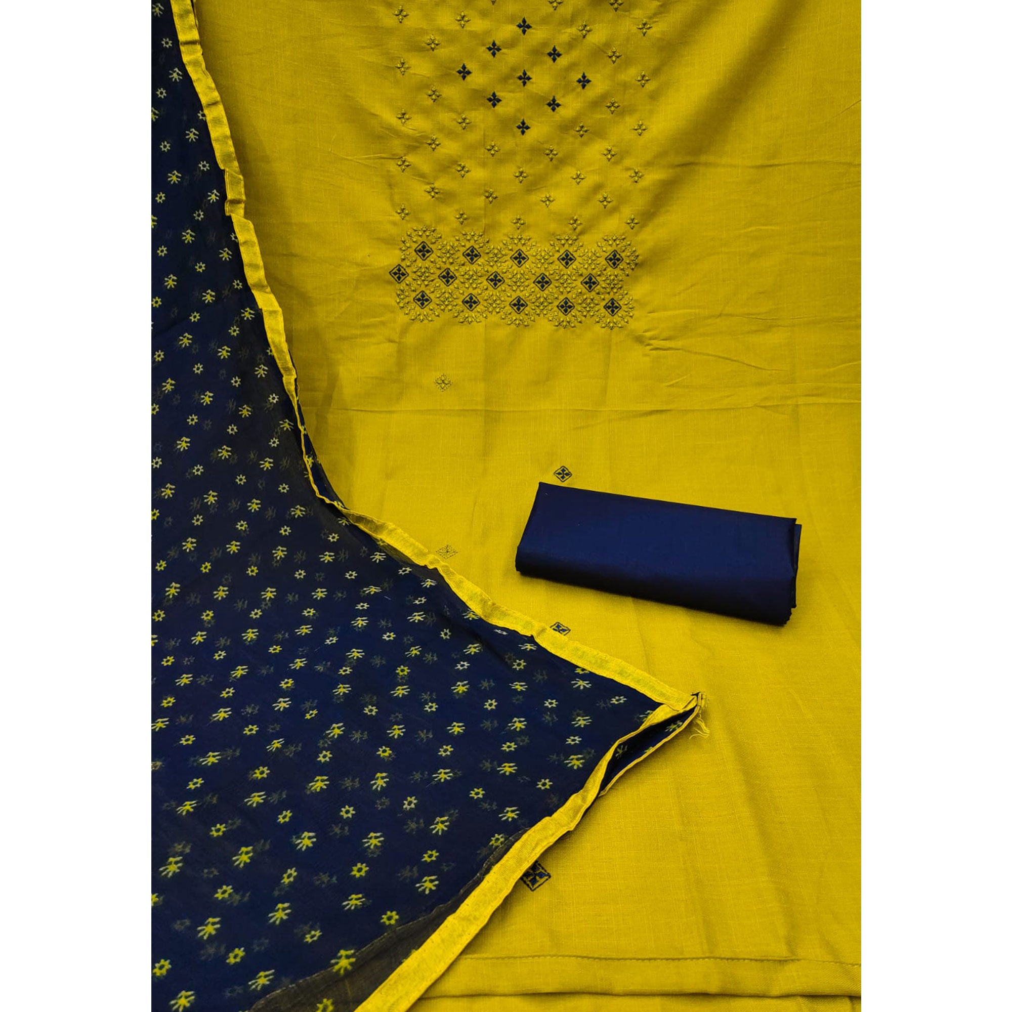 Mehendi Green Floral Embroidered Cotton Blend Dress Material