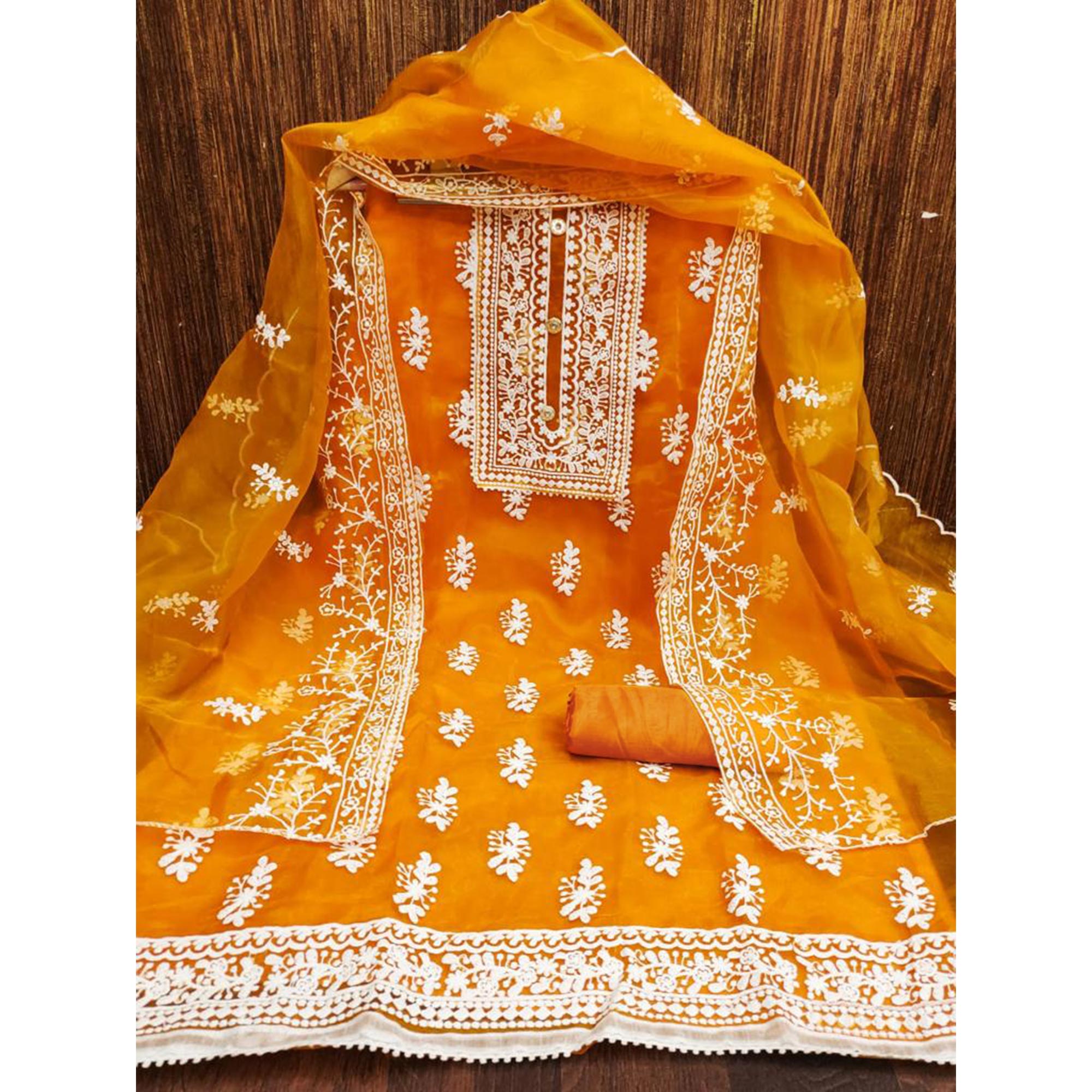 Bright Orange Floral Embroidered Organza Dress Material