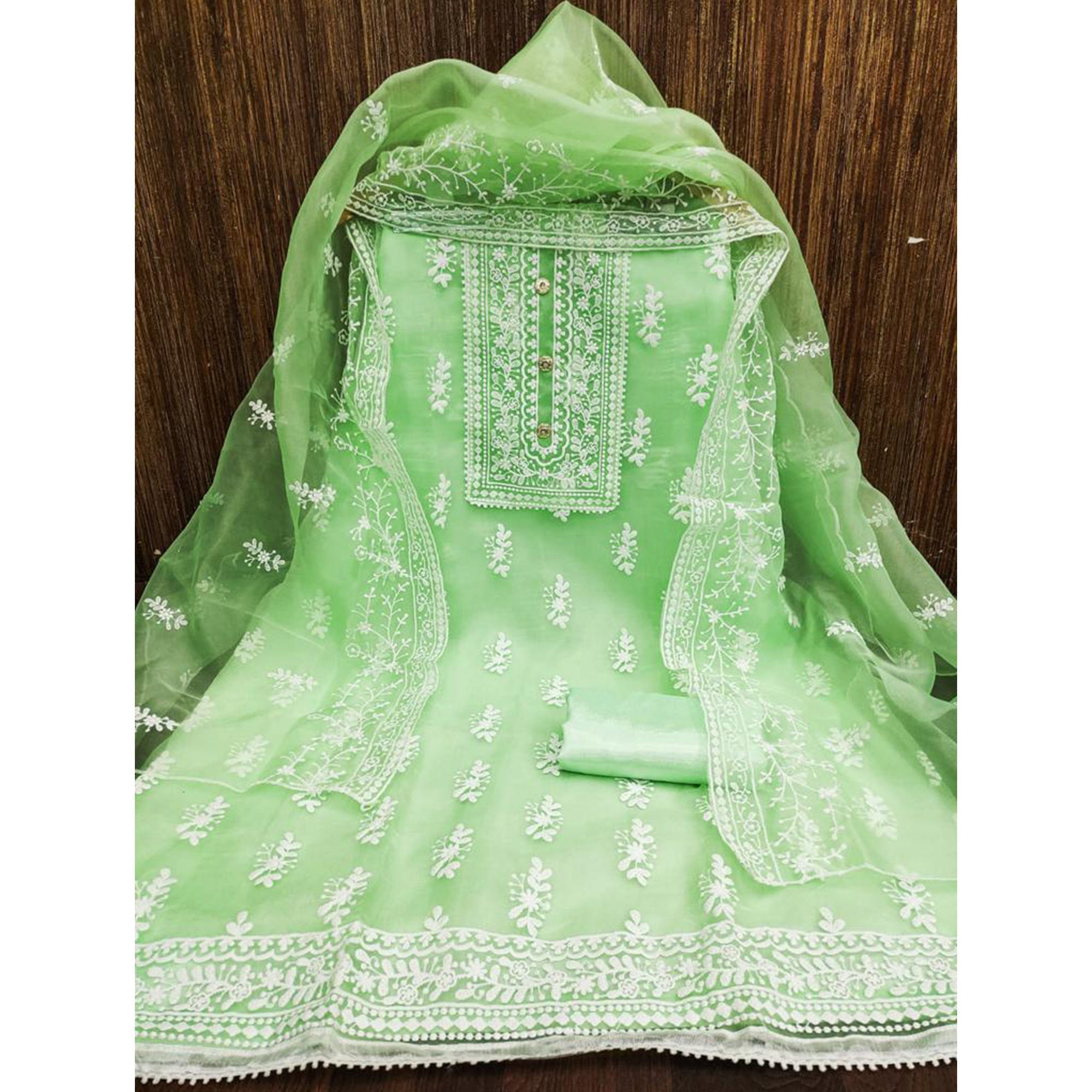 Pista Green Floral Embroidered Organza Dress Material