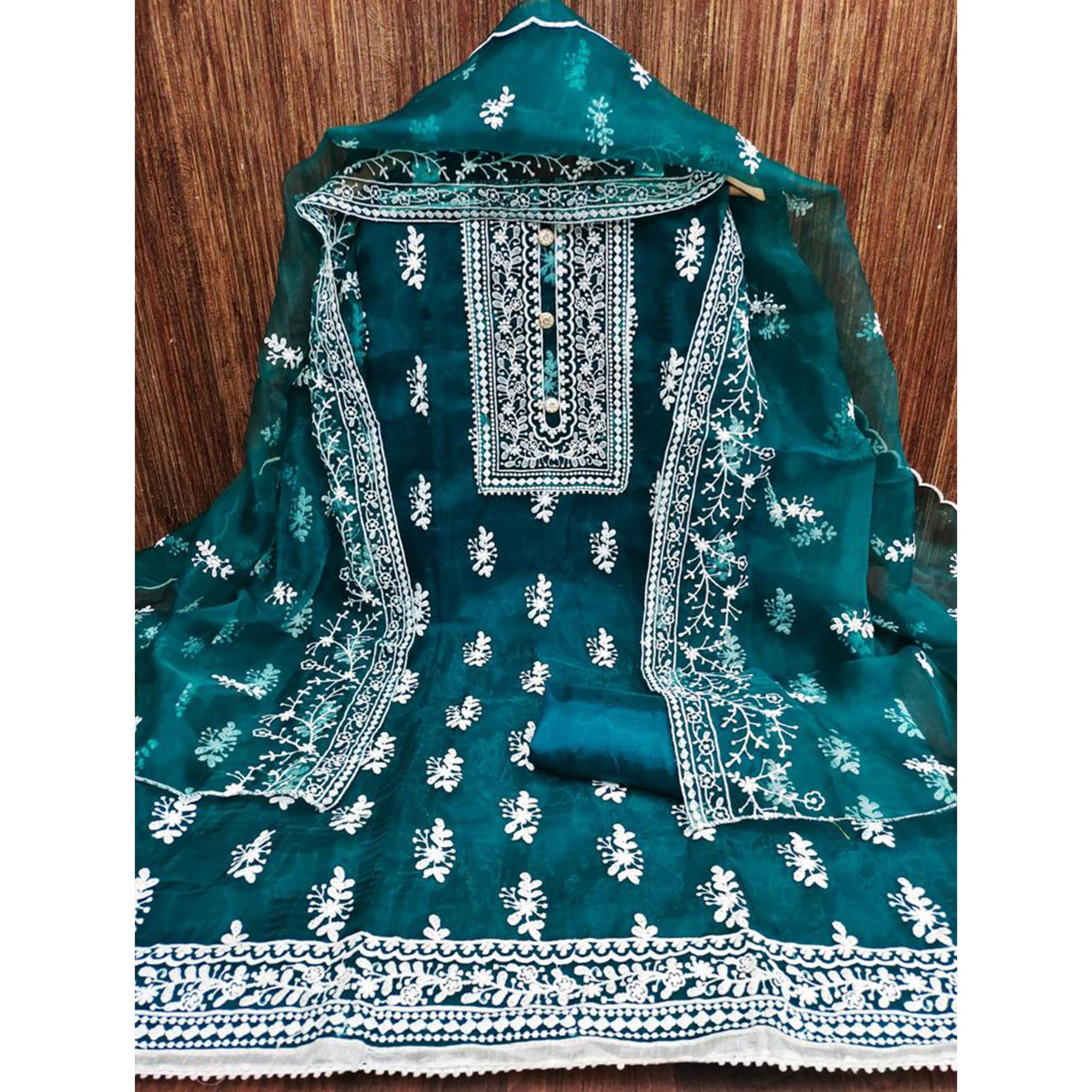 Teal Blue Floral Embroidered Organza Dress Material