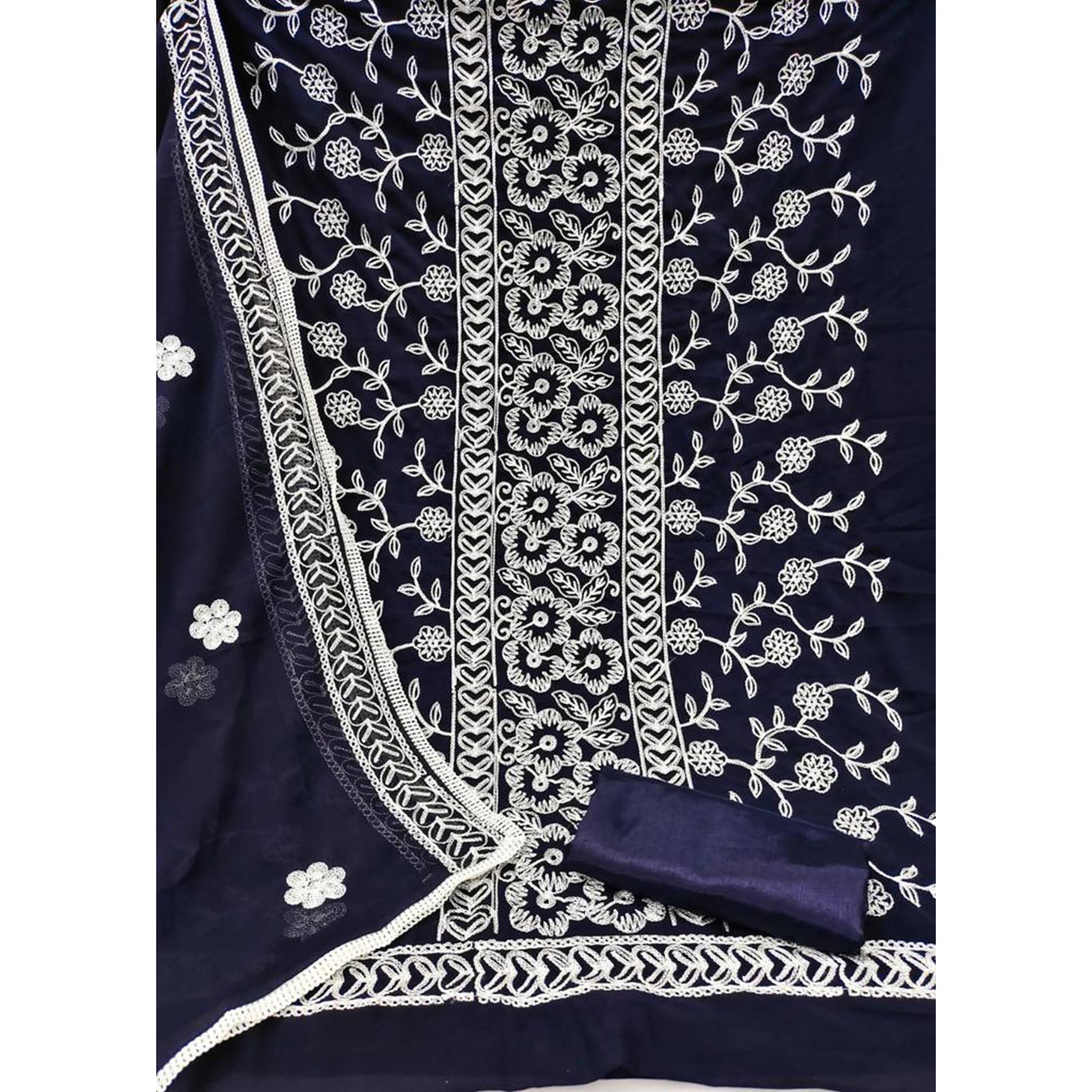 Navy Blue Floral Embroidered Georgette Dress Material