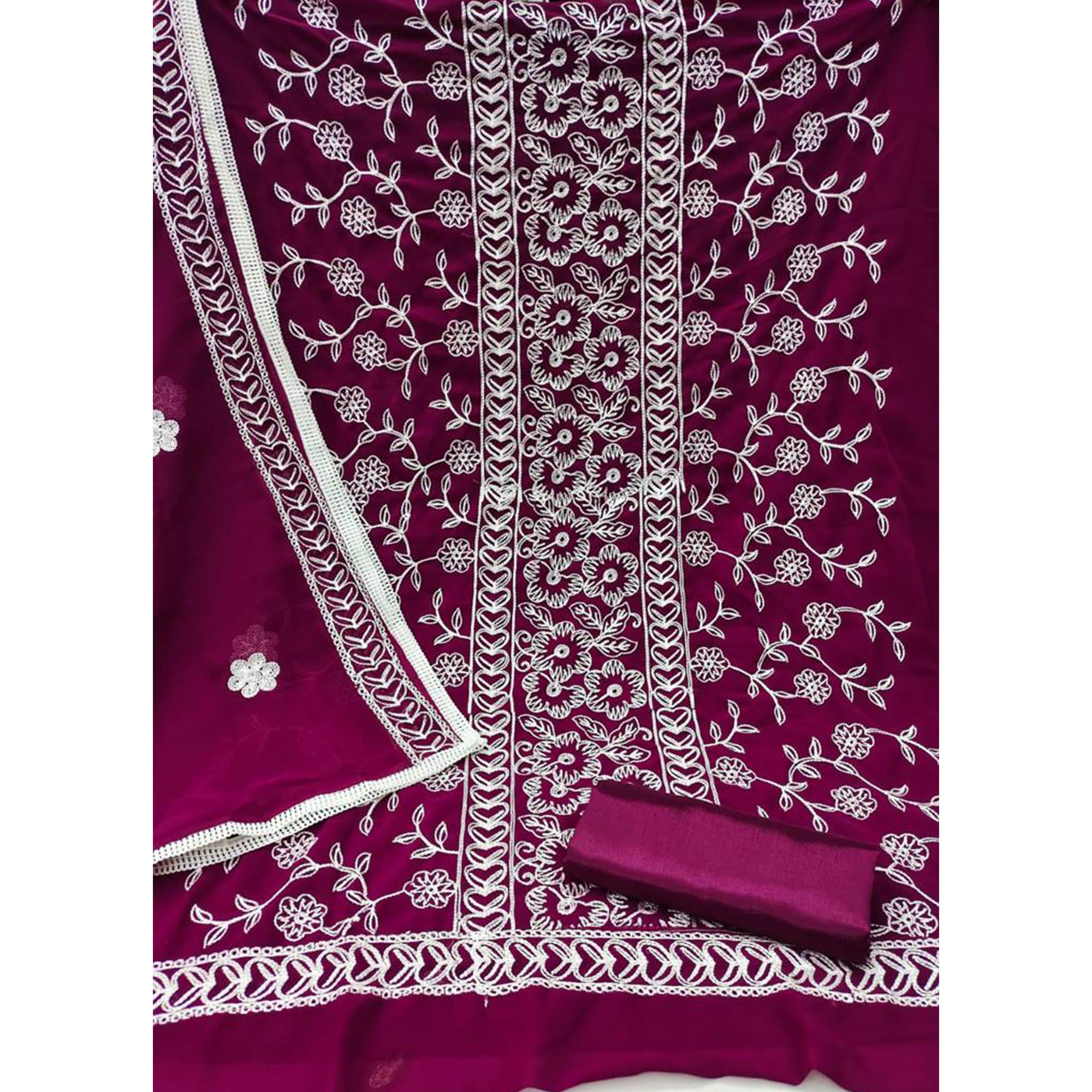 Wine Floral Embroidered Georgette Dress Material