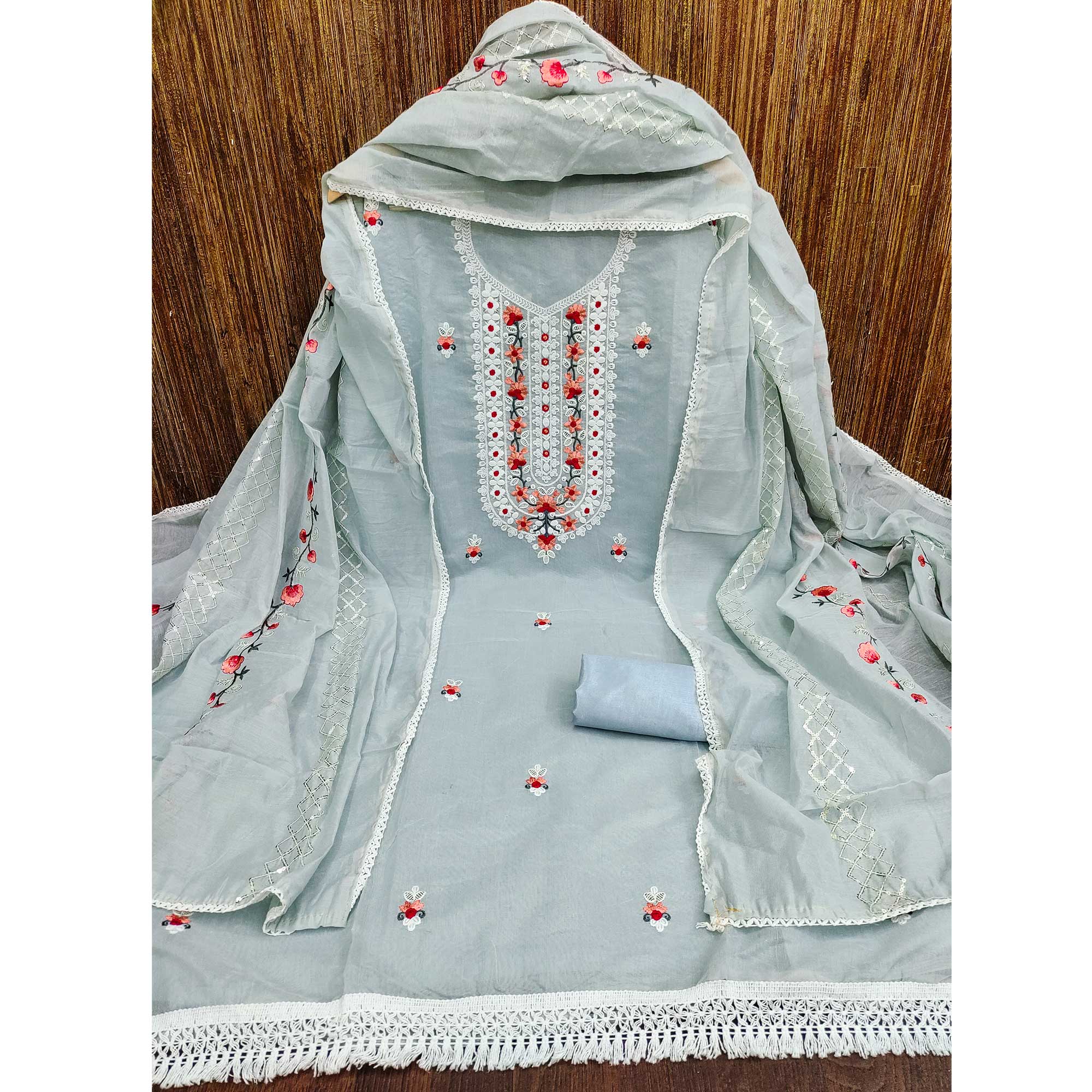 Light Grey Floral Embroidered Chanderi Dress Material