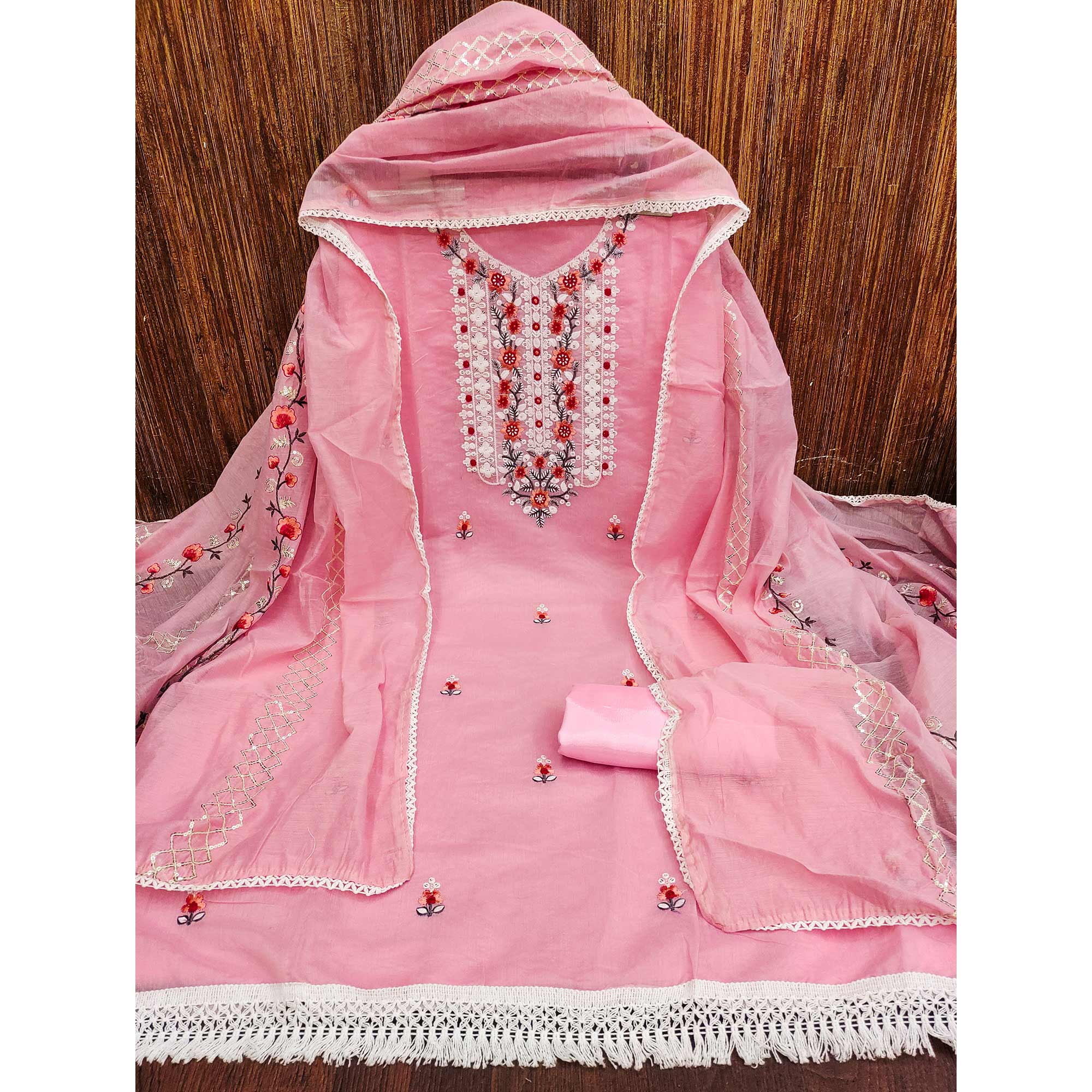 Pink Floral Embroidered Chanderi Dress Material
