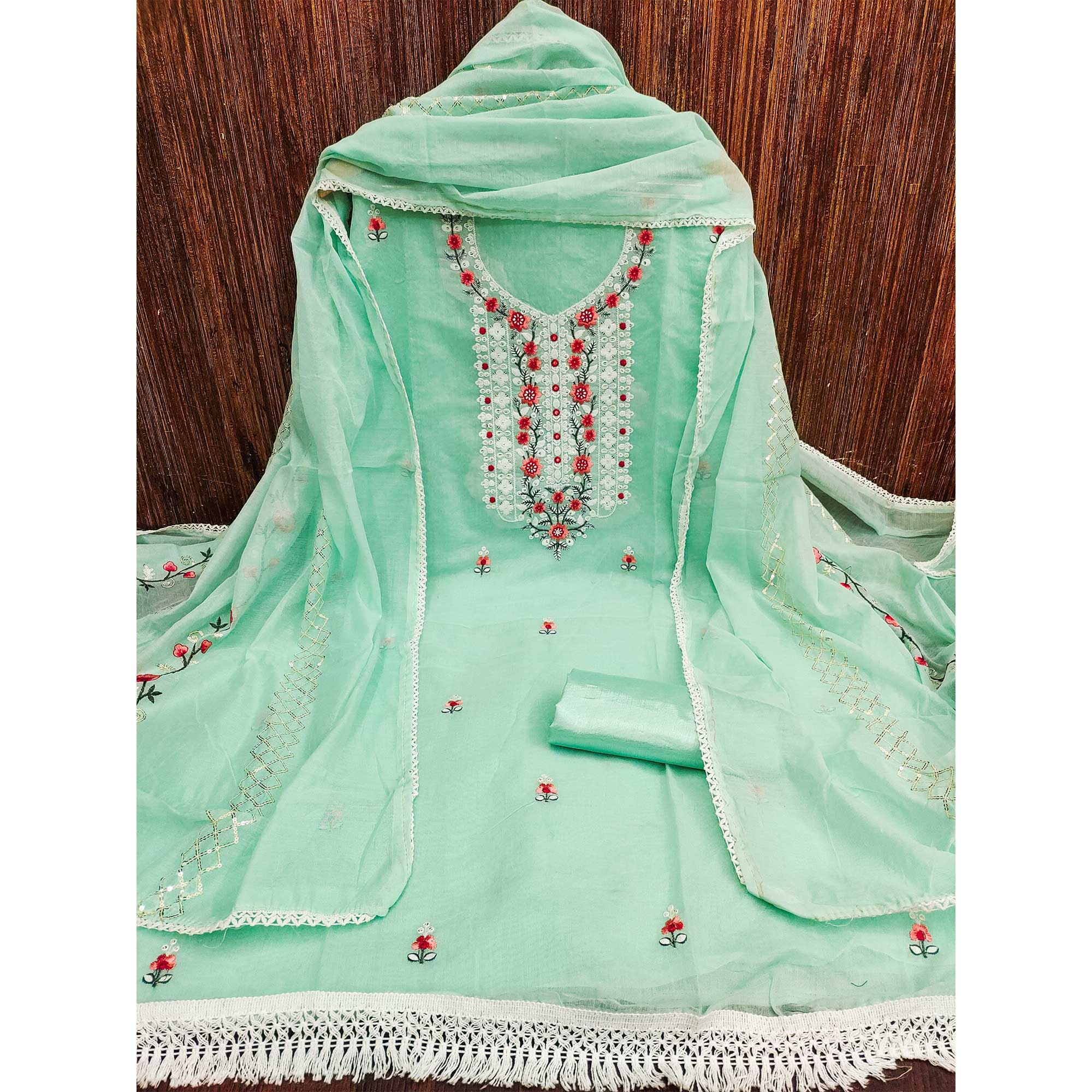 Sea Green Floral Embroidered Chanderi Dress Material