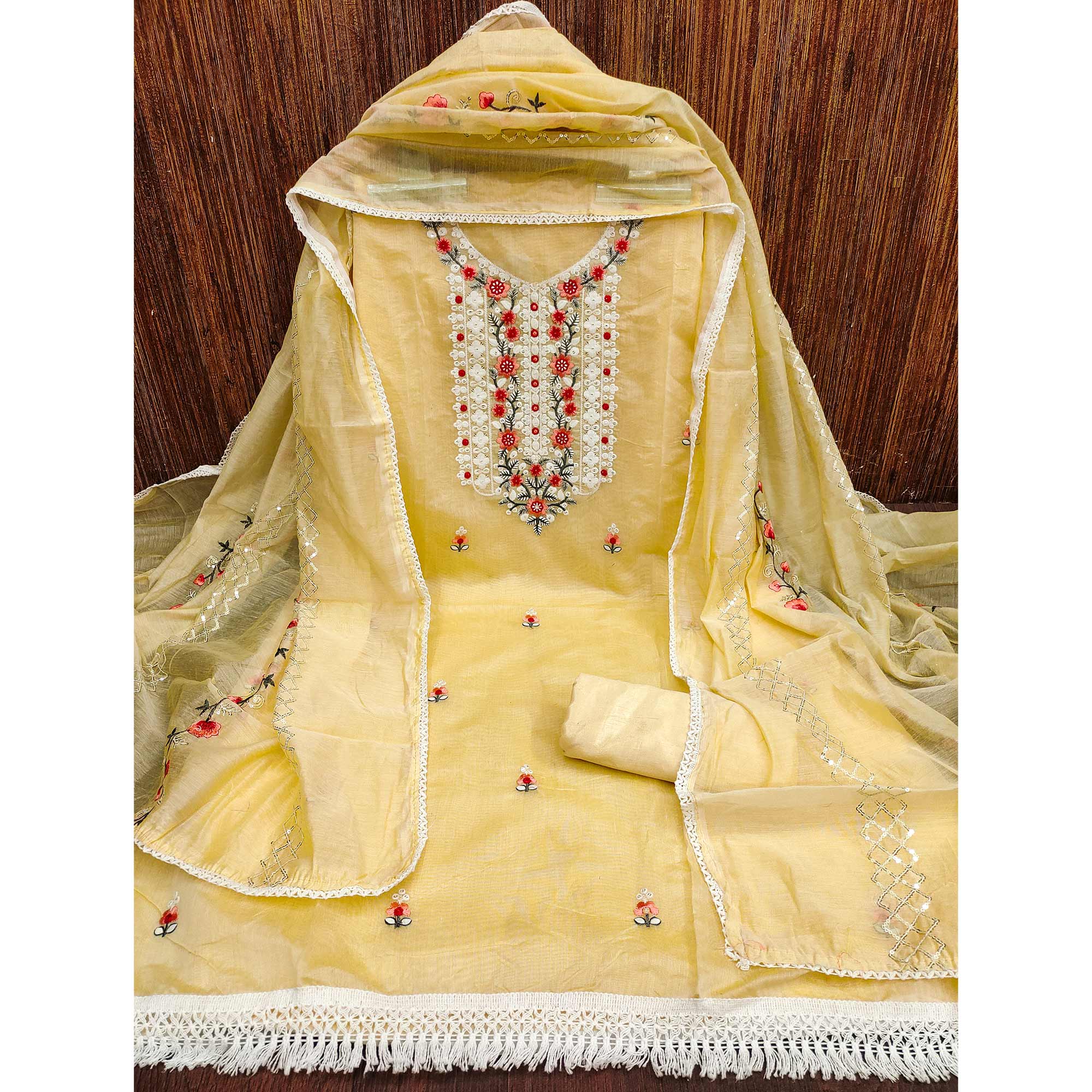 Yellow Floral Embroidered Chanderi Dress Material