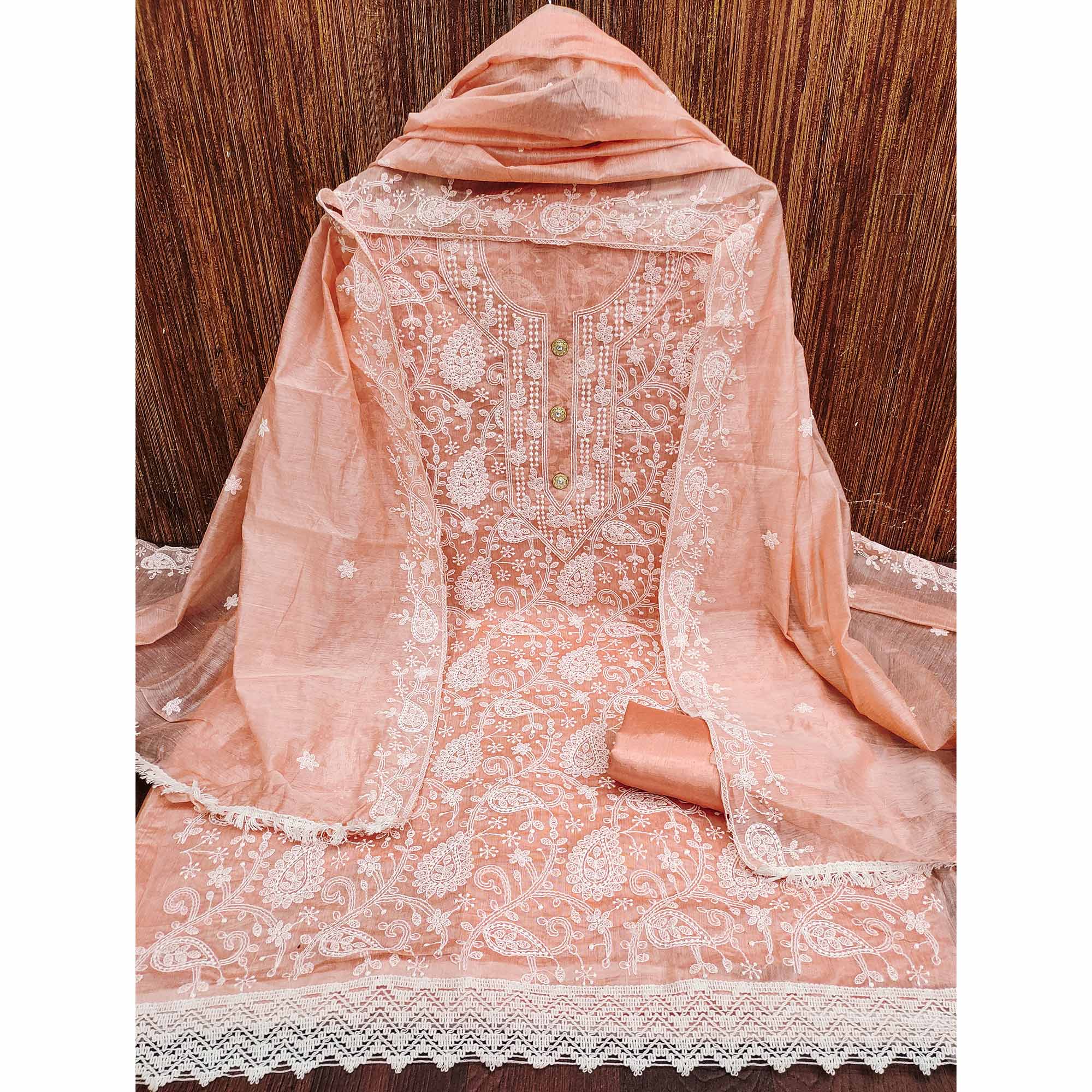 Peach Floral Embroidered Chanderi Dress Material