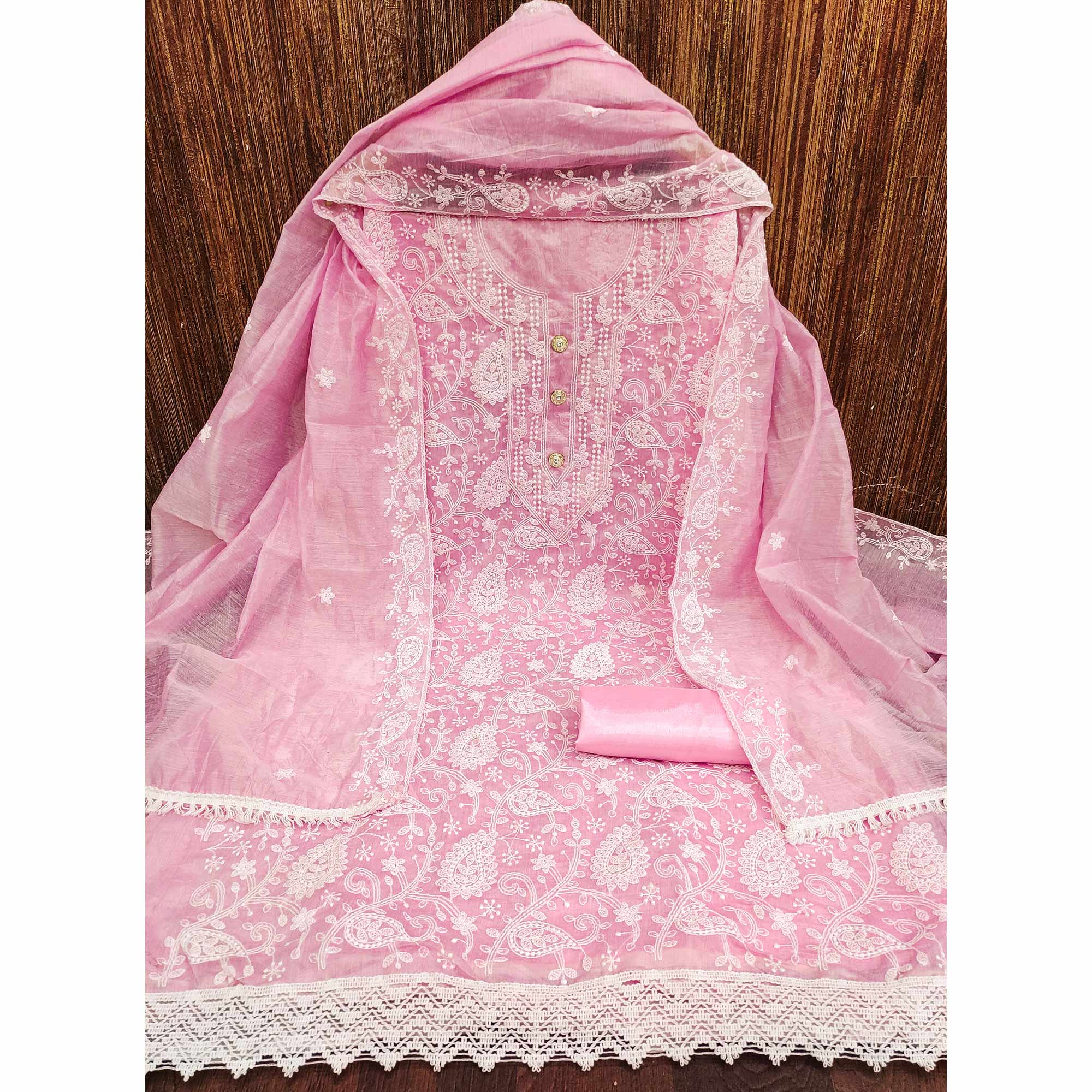 Pink Floral Embroidered Chanderi Dress Material