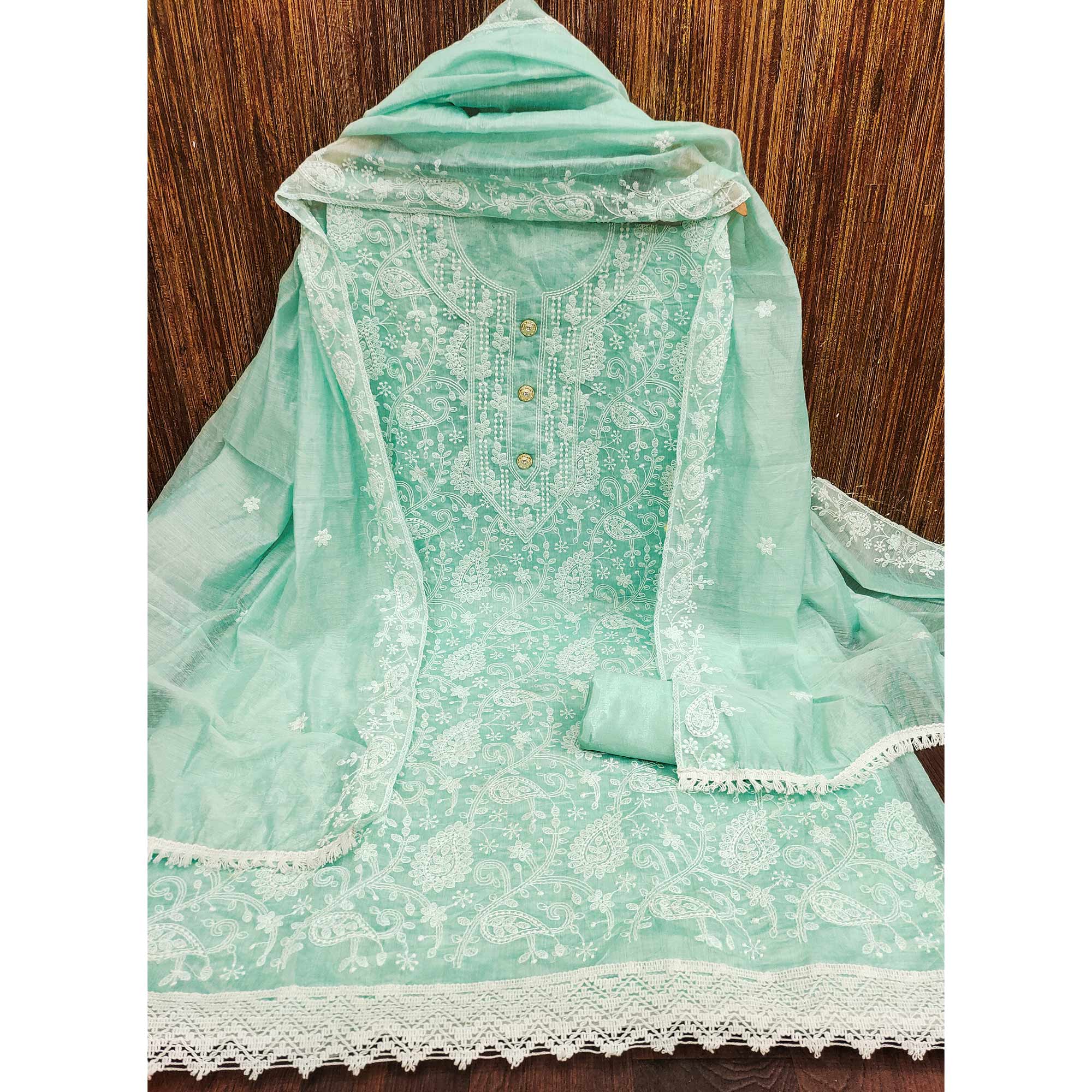Sea Green Floral Embroidered Chanderi Dress Material