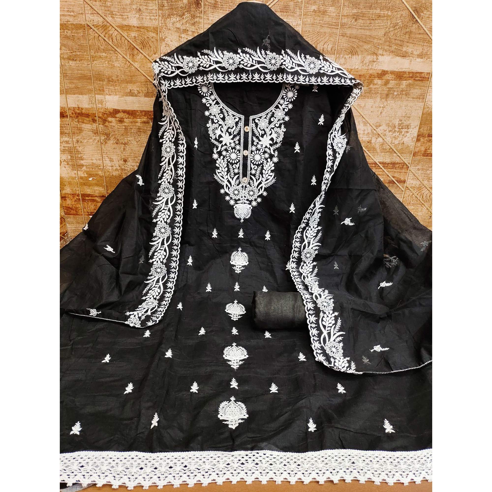 Black Floral Embroidered Chanderi Dress Material