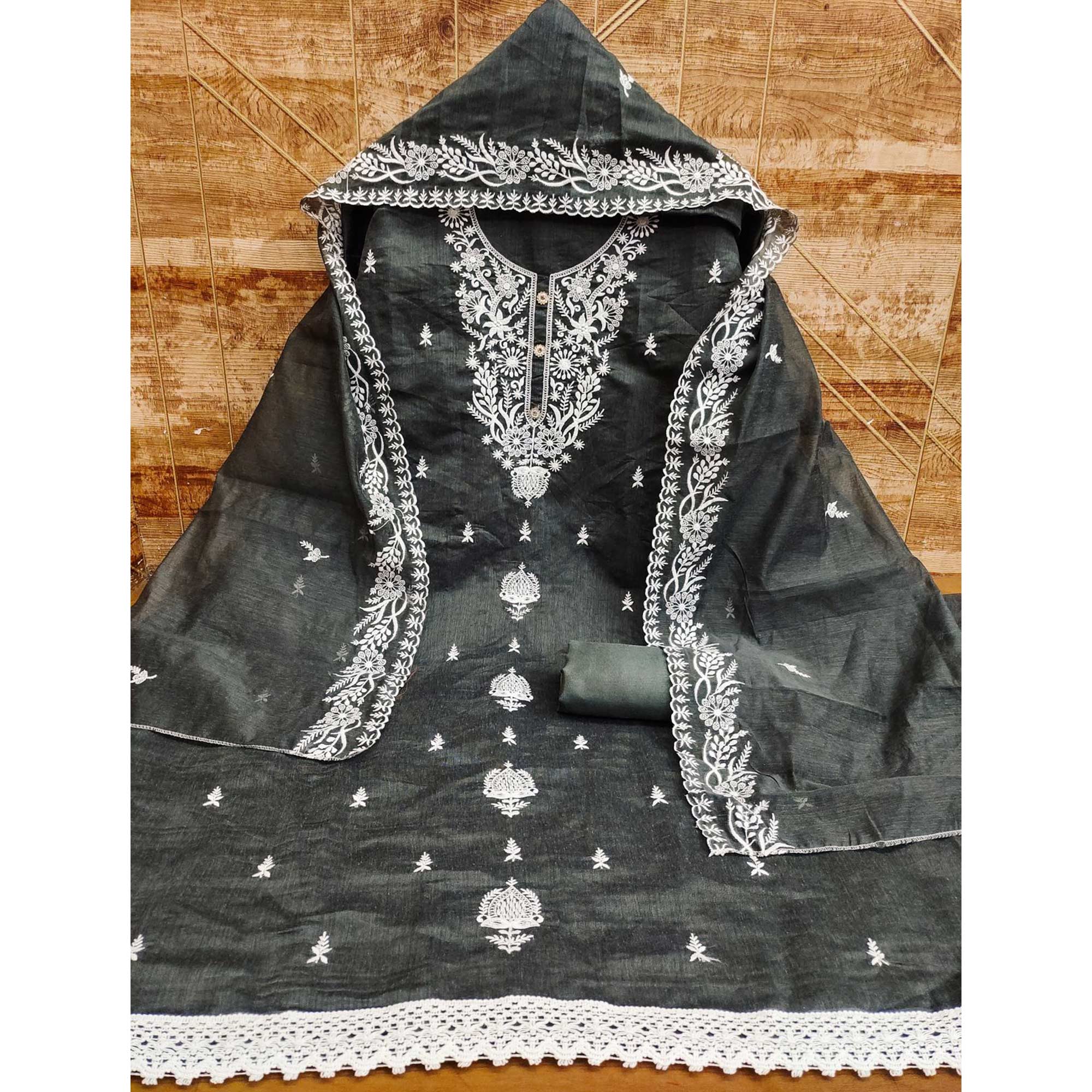 Grey Floral Embroidered Chanderi Dress Material