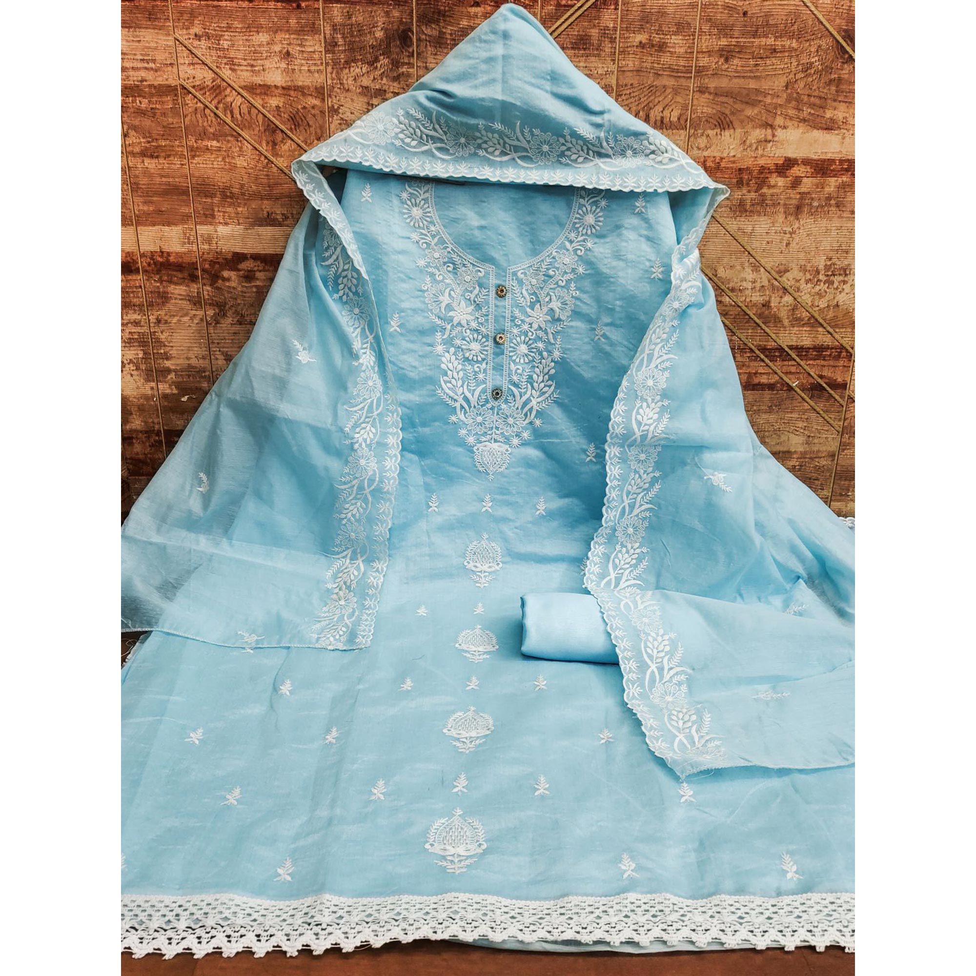 Sky Blue Floral Embroidered Chanderi Dress Material