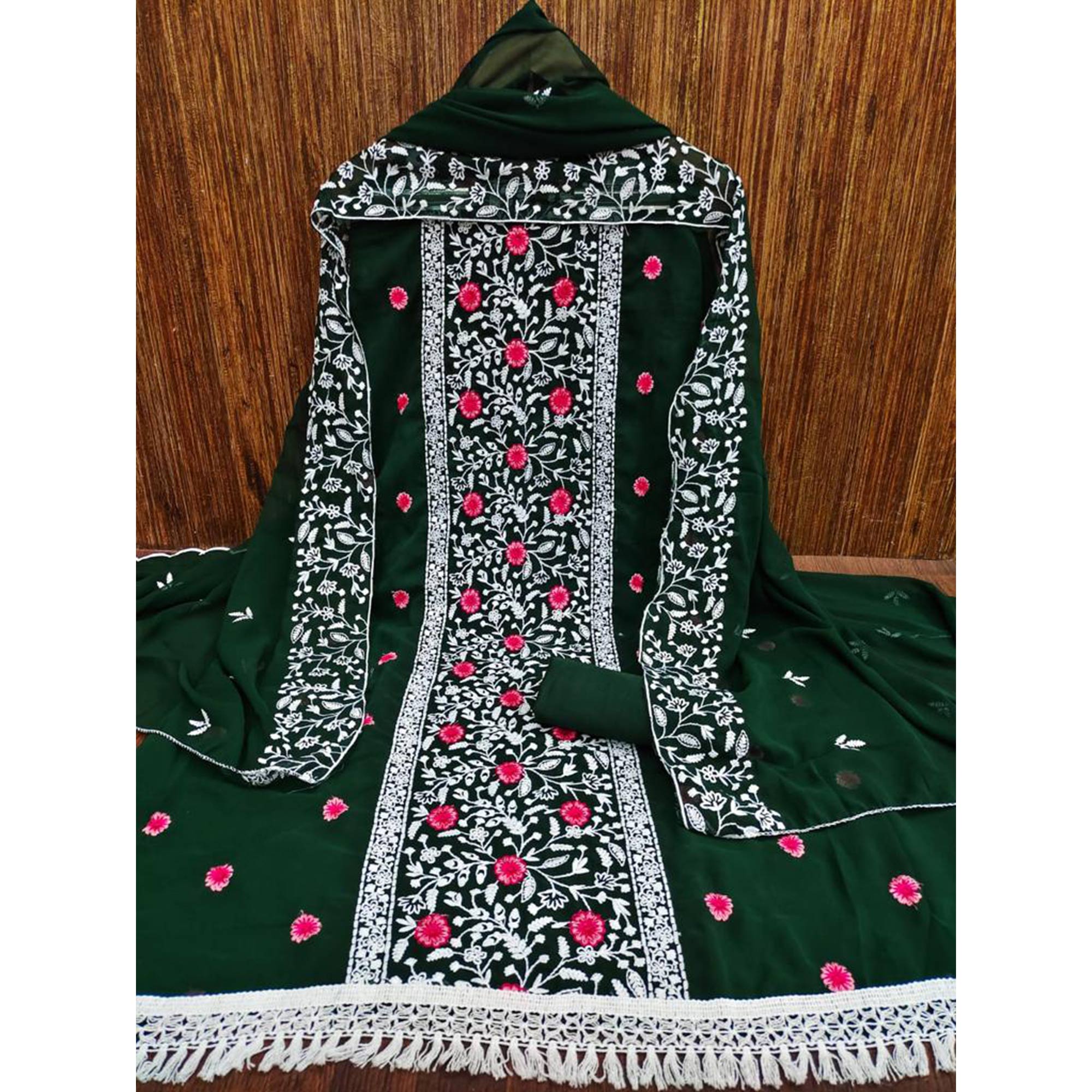Bottle Green Floral Embroidered Georgette Dress Material