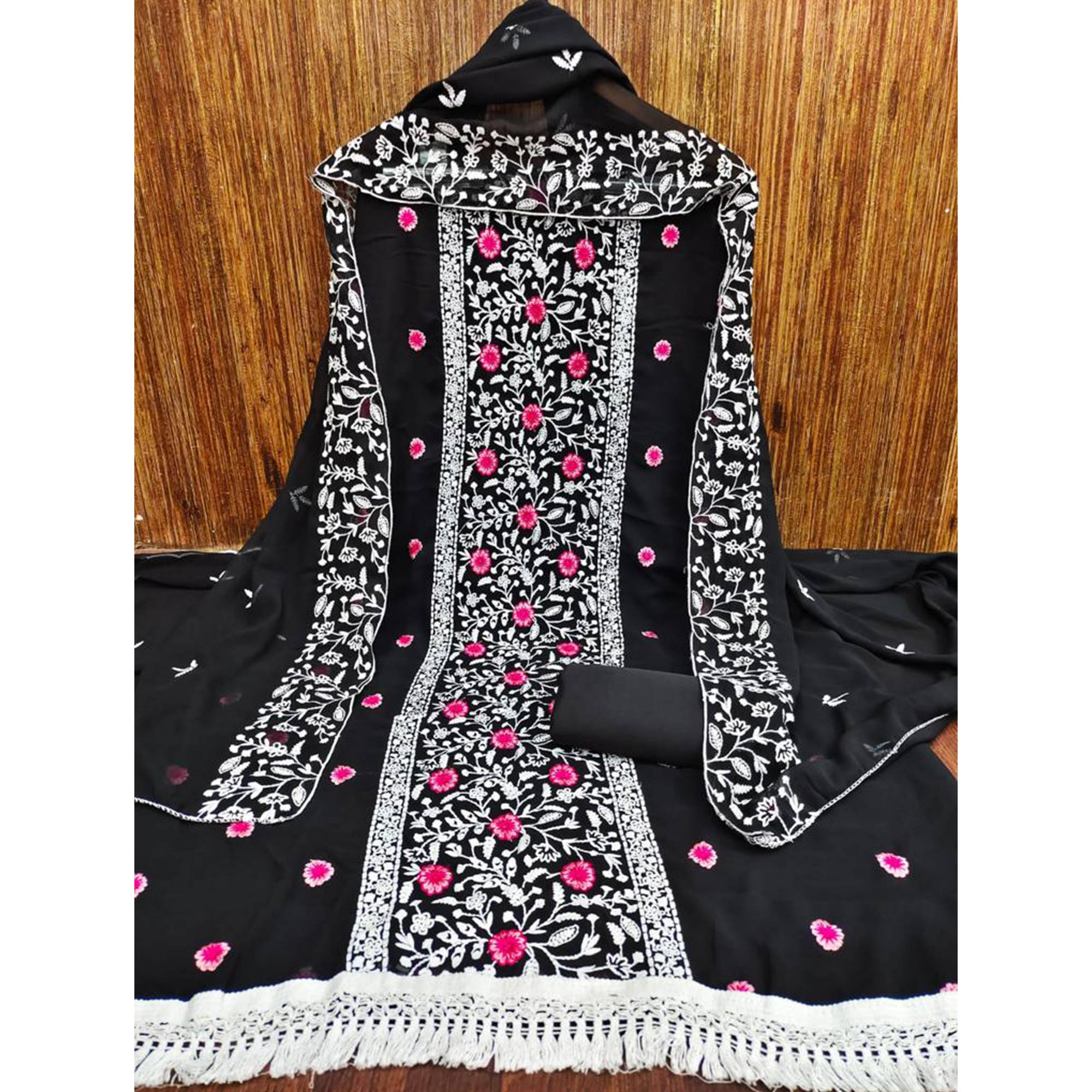 Black Floral Embroidered Georgette Dress Material