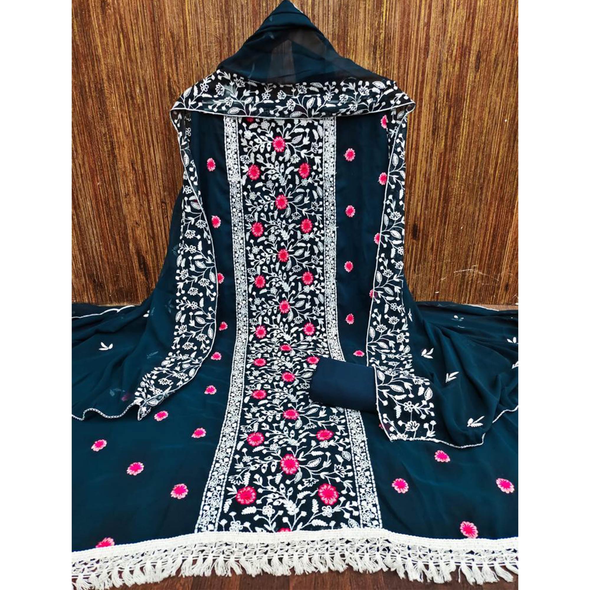 Teal Blue Floral Embroidered Georgette Dress Material