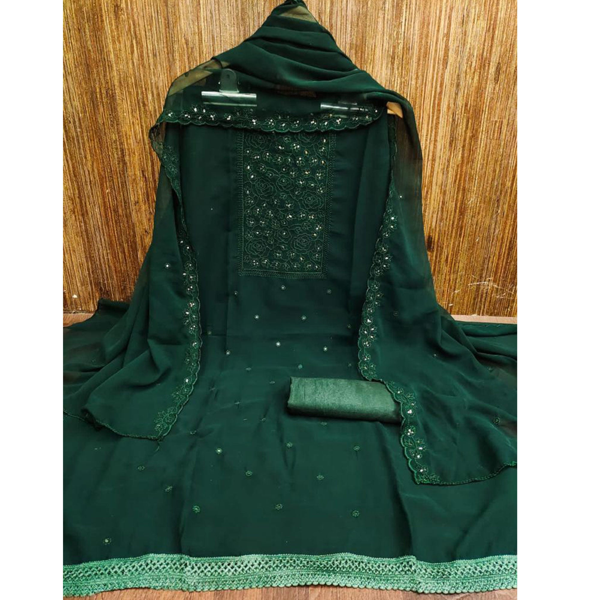 Bottle Green Floral Embroidered Georgette Dress Material