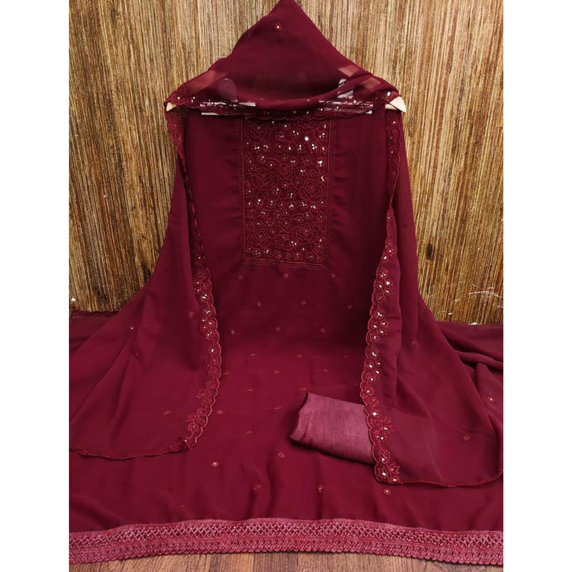 Maroon Floral Embroidered Georgette Dress Material