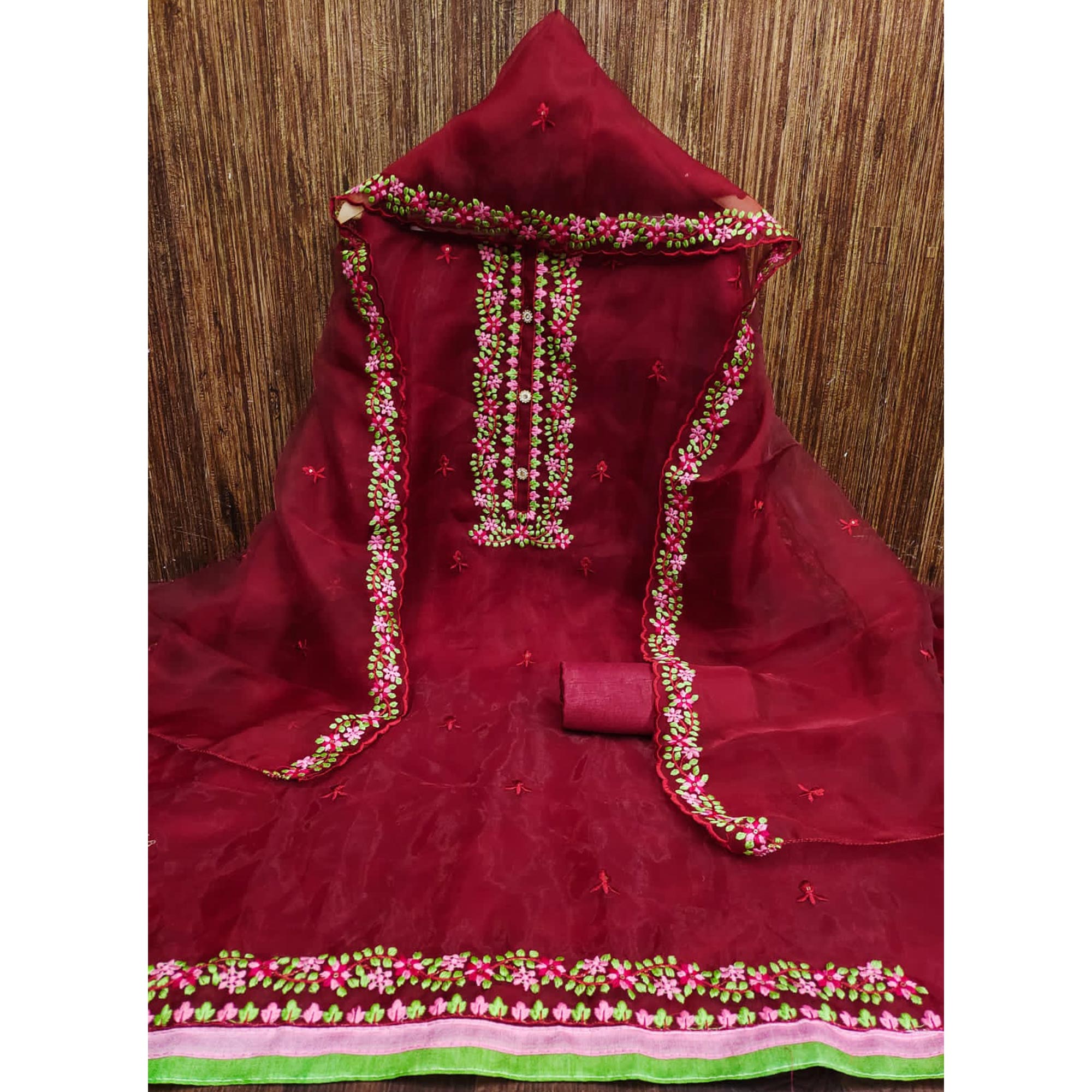 Maroon Floral Embroidered Organza Dress Material