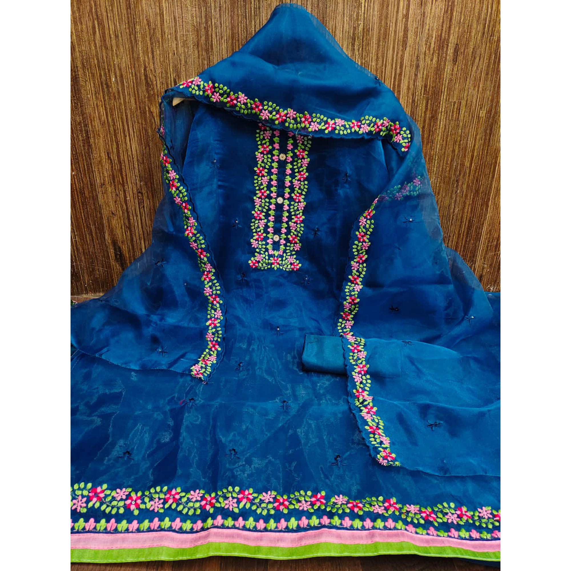 Teal Blue Floral Embroidered Organza Dress Material