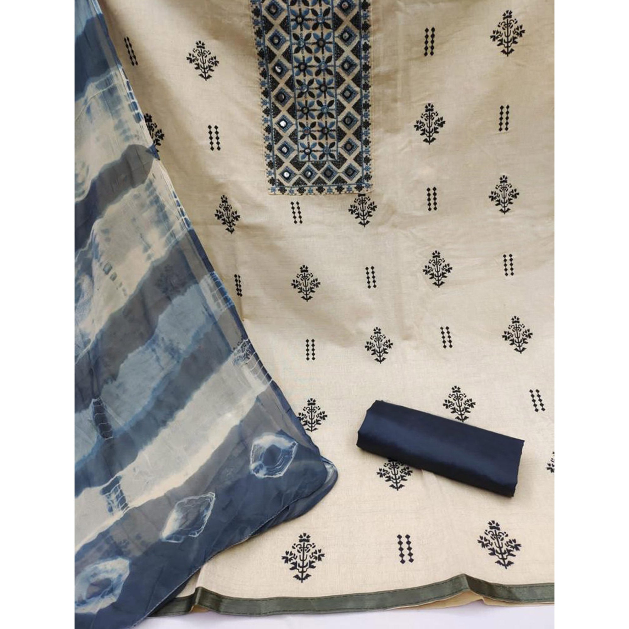 Chikoo & Navy Blue Printed Cotton Dress Material