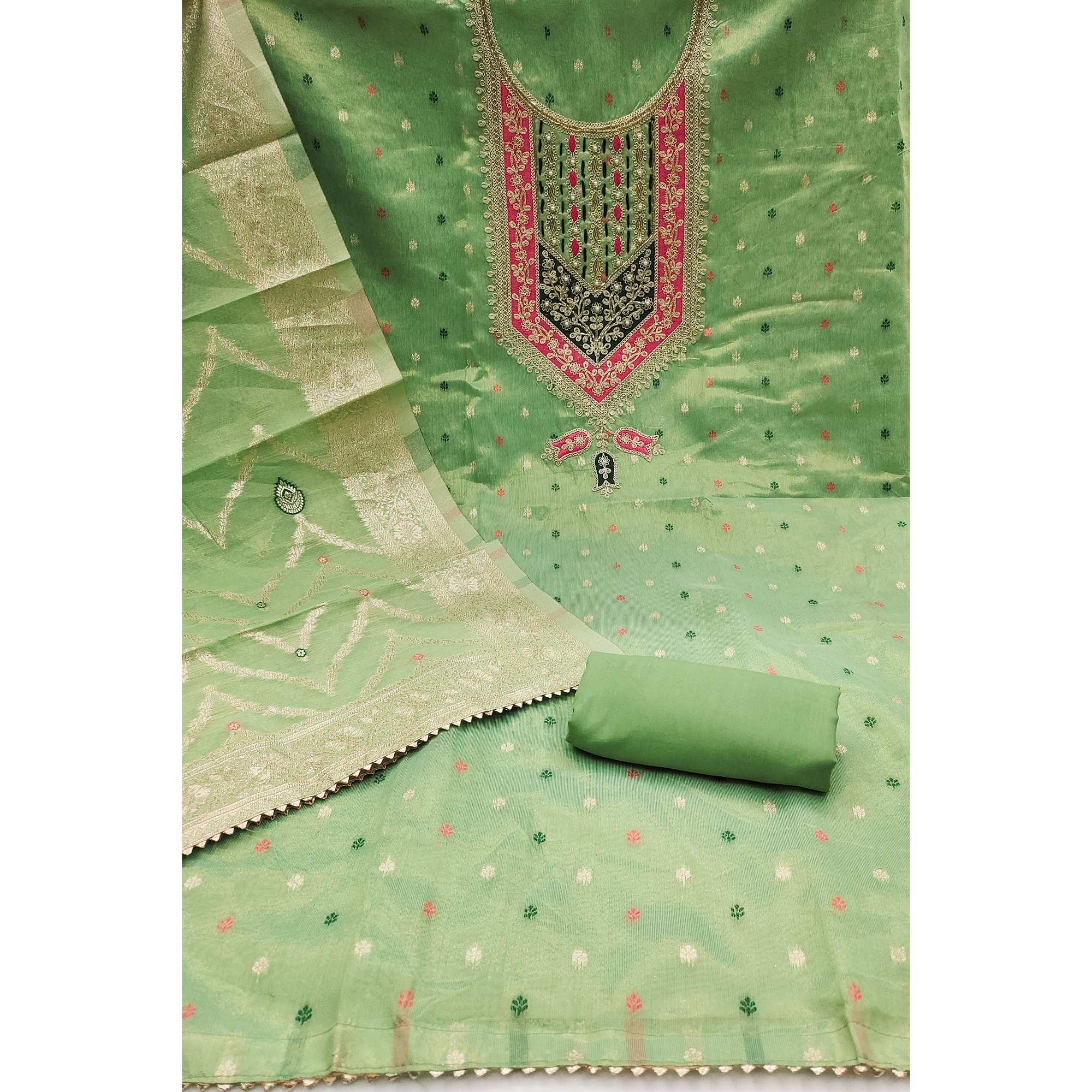 Green Sequins Embroidered With Woven Chanderi Silk Dress Material