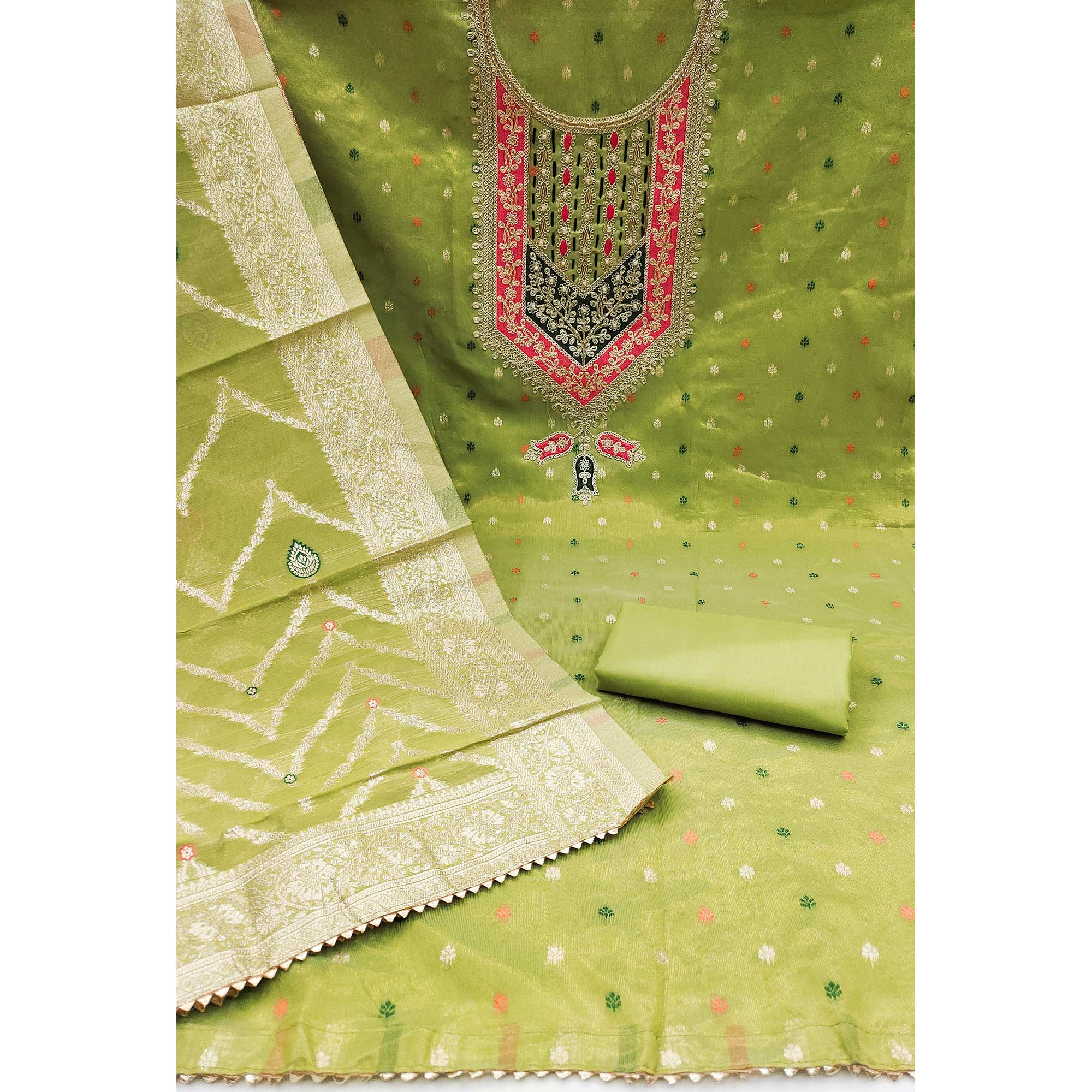 Parrot Green Sequins Embroidered With Woven Chanderi Silk Dress Material