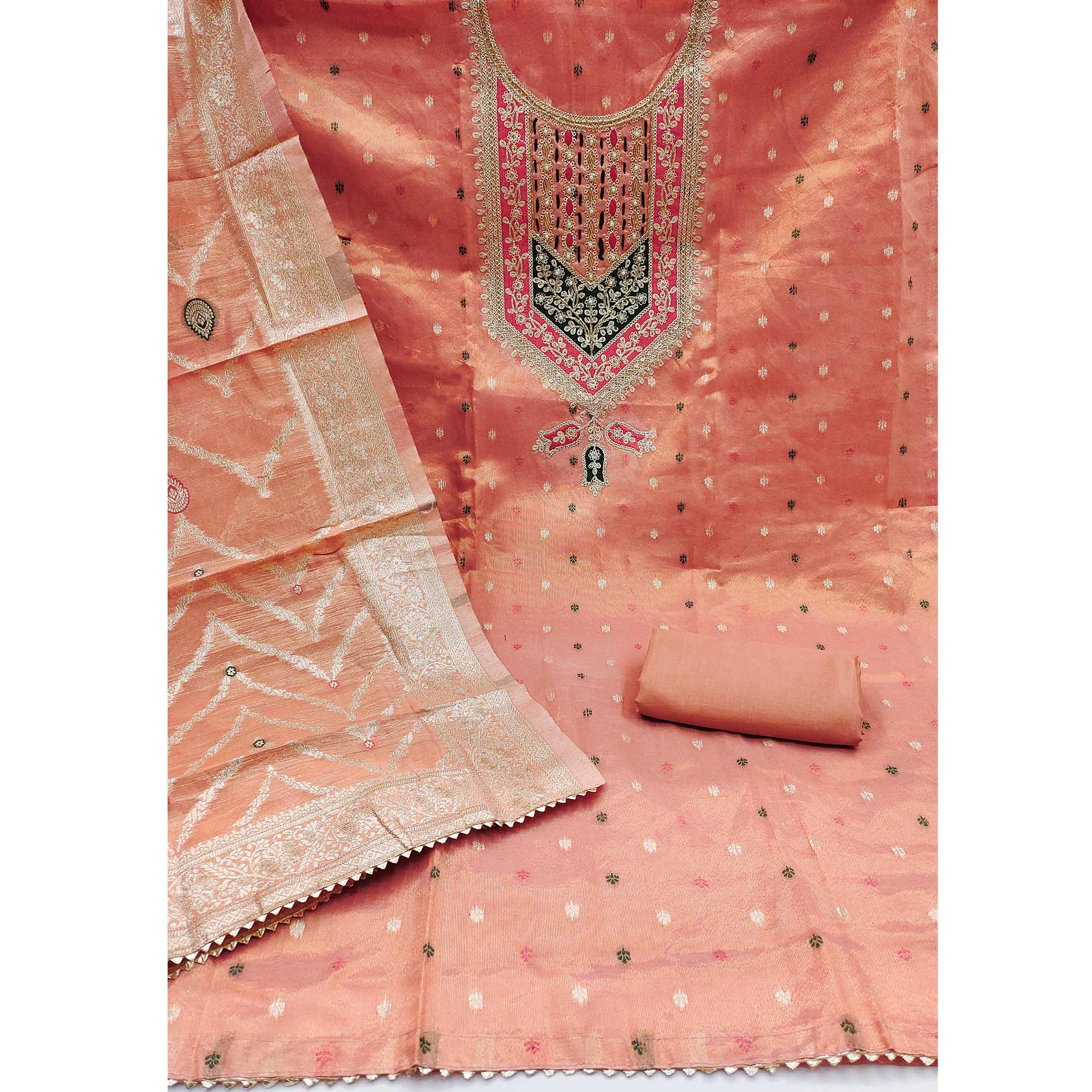 Peach Sequins Embroidered With Woven Chanderi Silk Dress Material