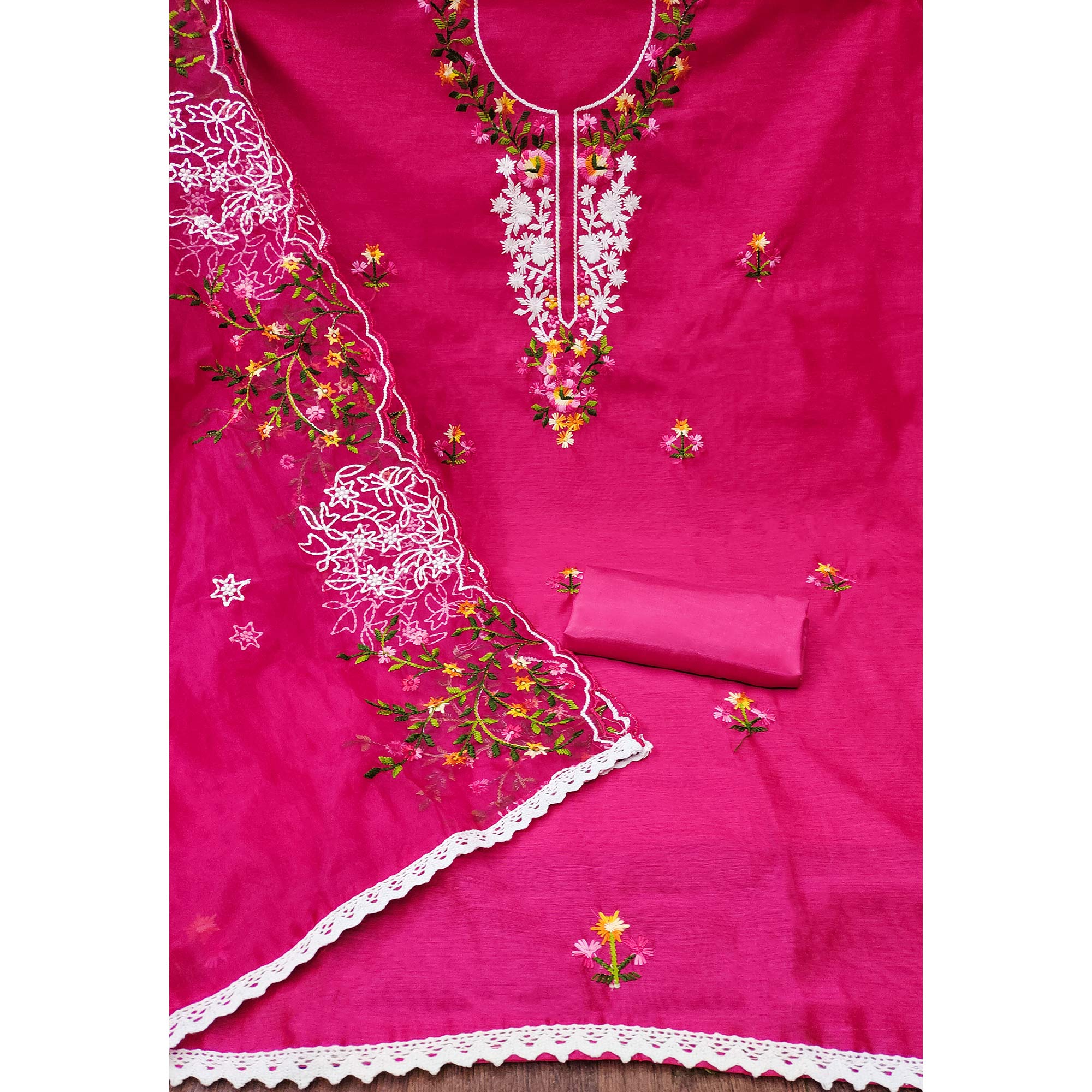 Pink Floral Embroidered Chanderi Dress Material