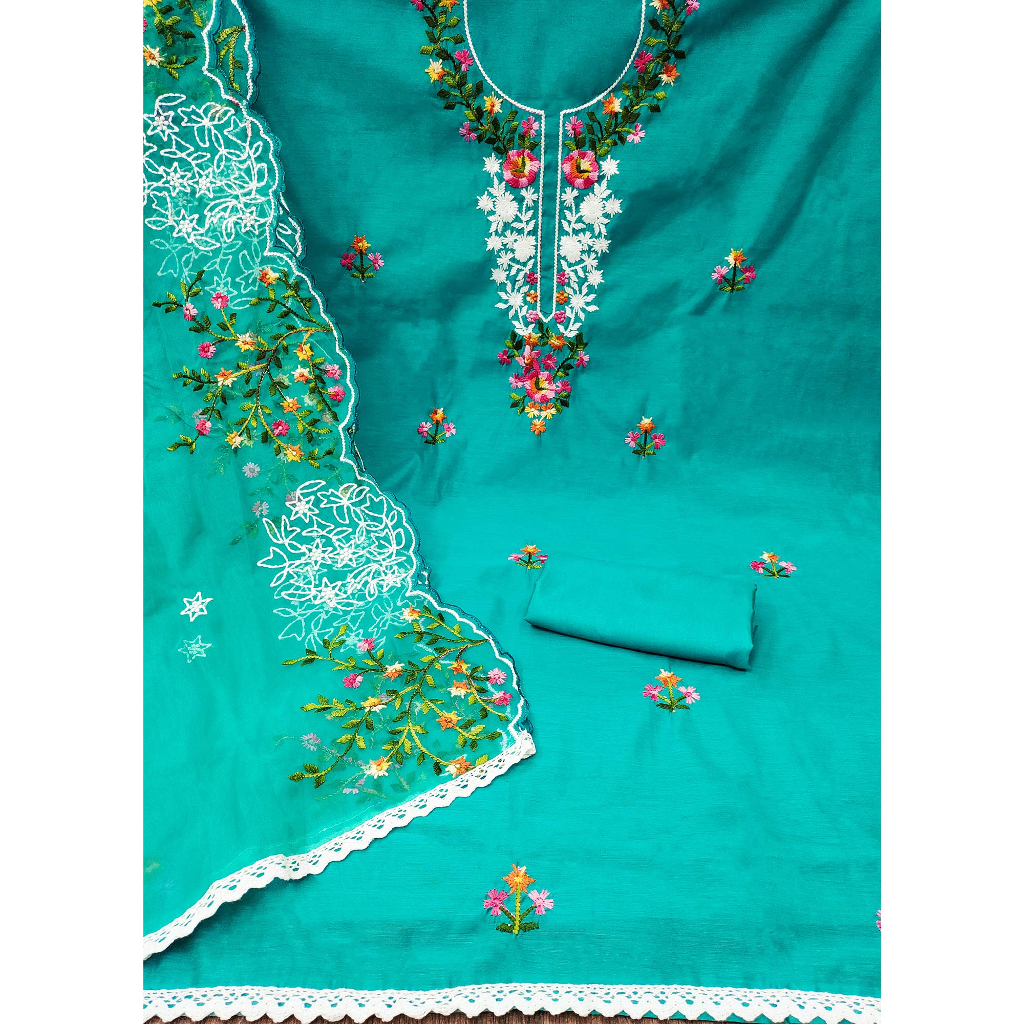 Turquoise Floral Embroidered Chanderi Dress Material