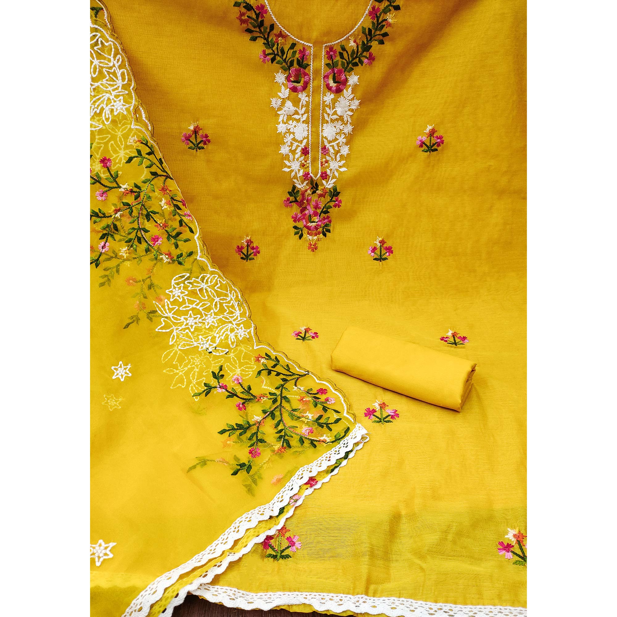 Yellow  Floral Embroidered Chanderi Dress Material