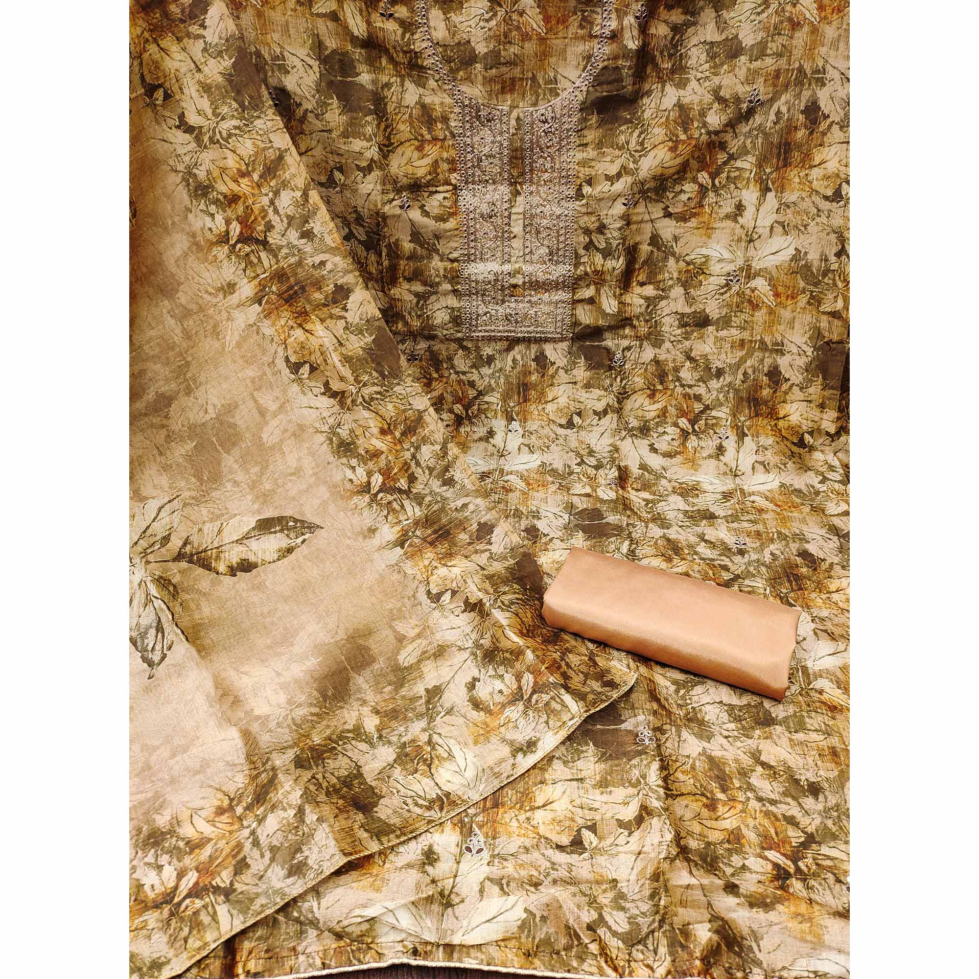 Brown Printed Cotton Silk Dress Material