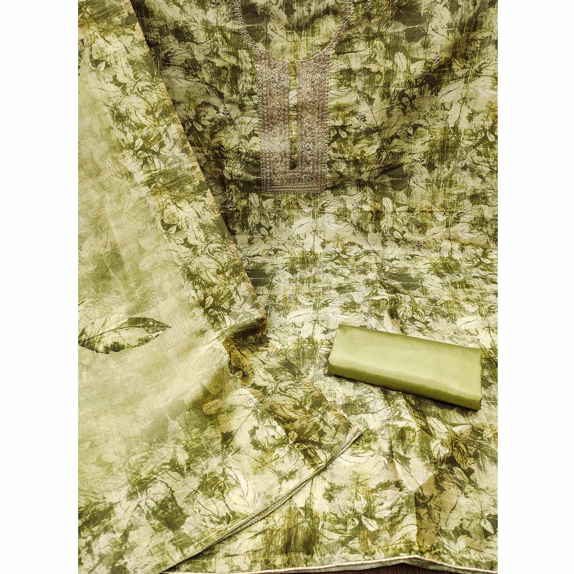 Green Printed Cotton Silk Dress Material