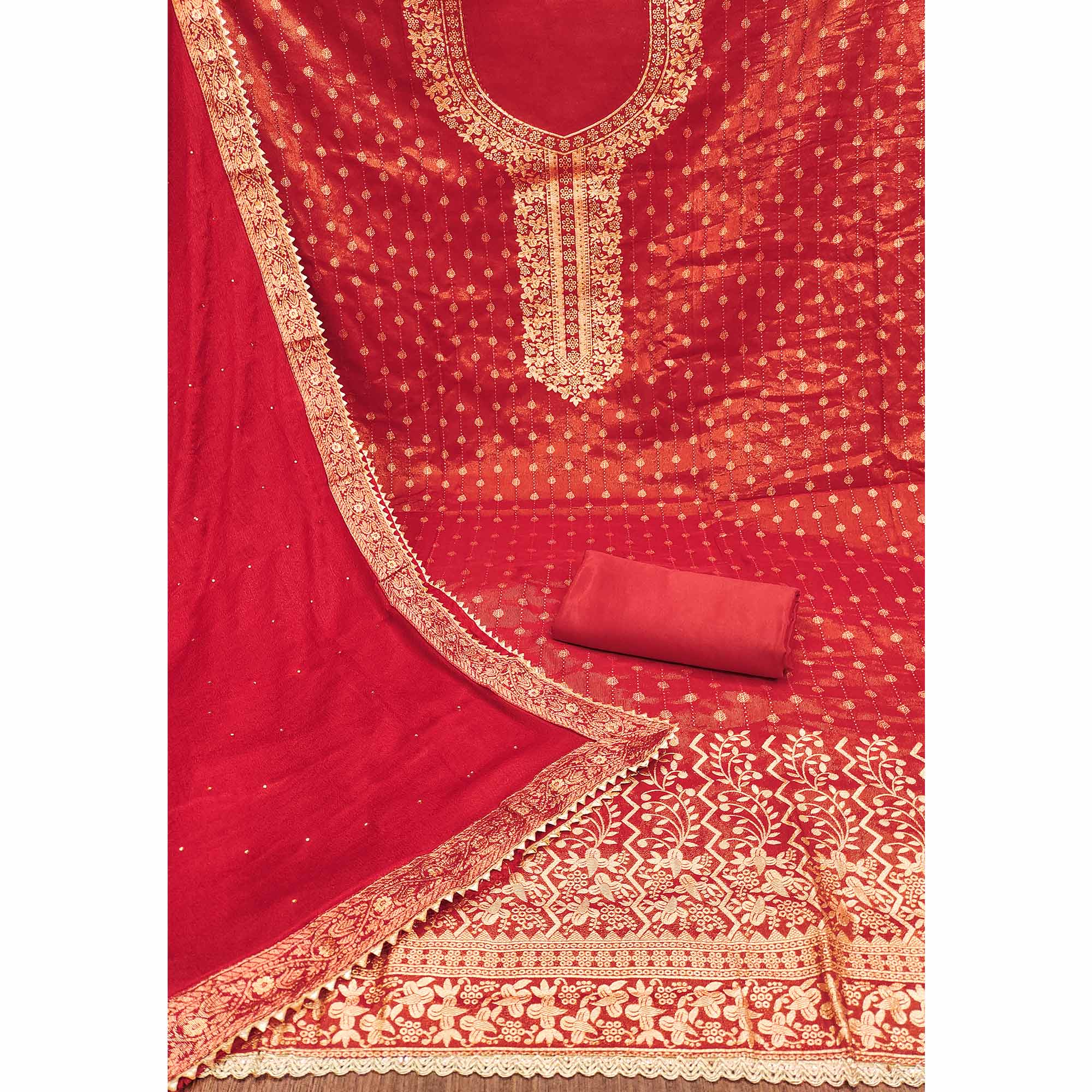 Red Woven Floral Jacquard Dress Material